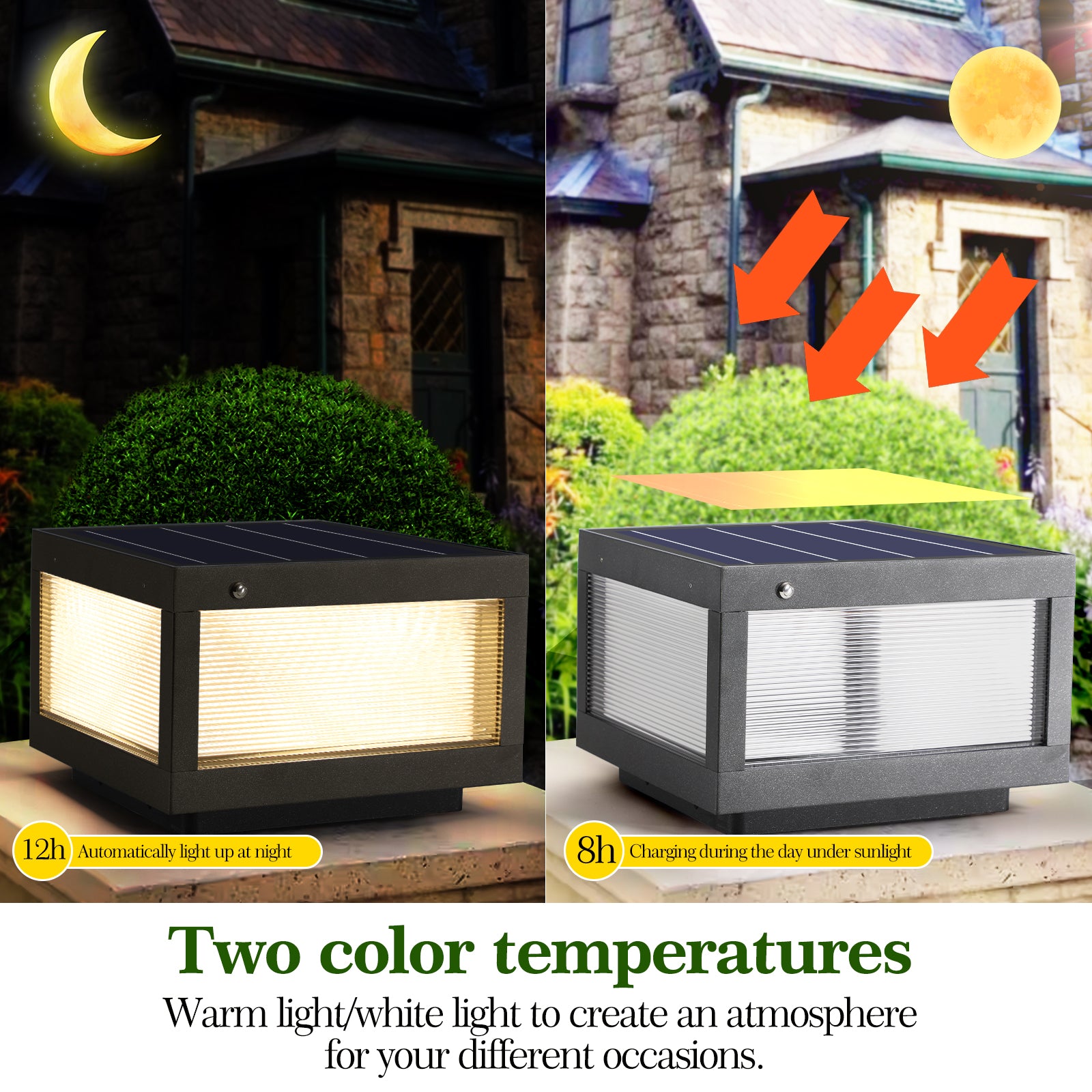 Modern black solar post light with textured glass panels illuminating warm light at night