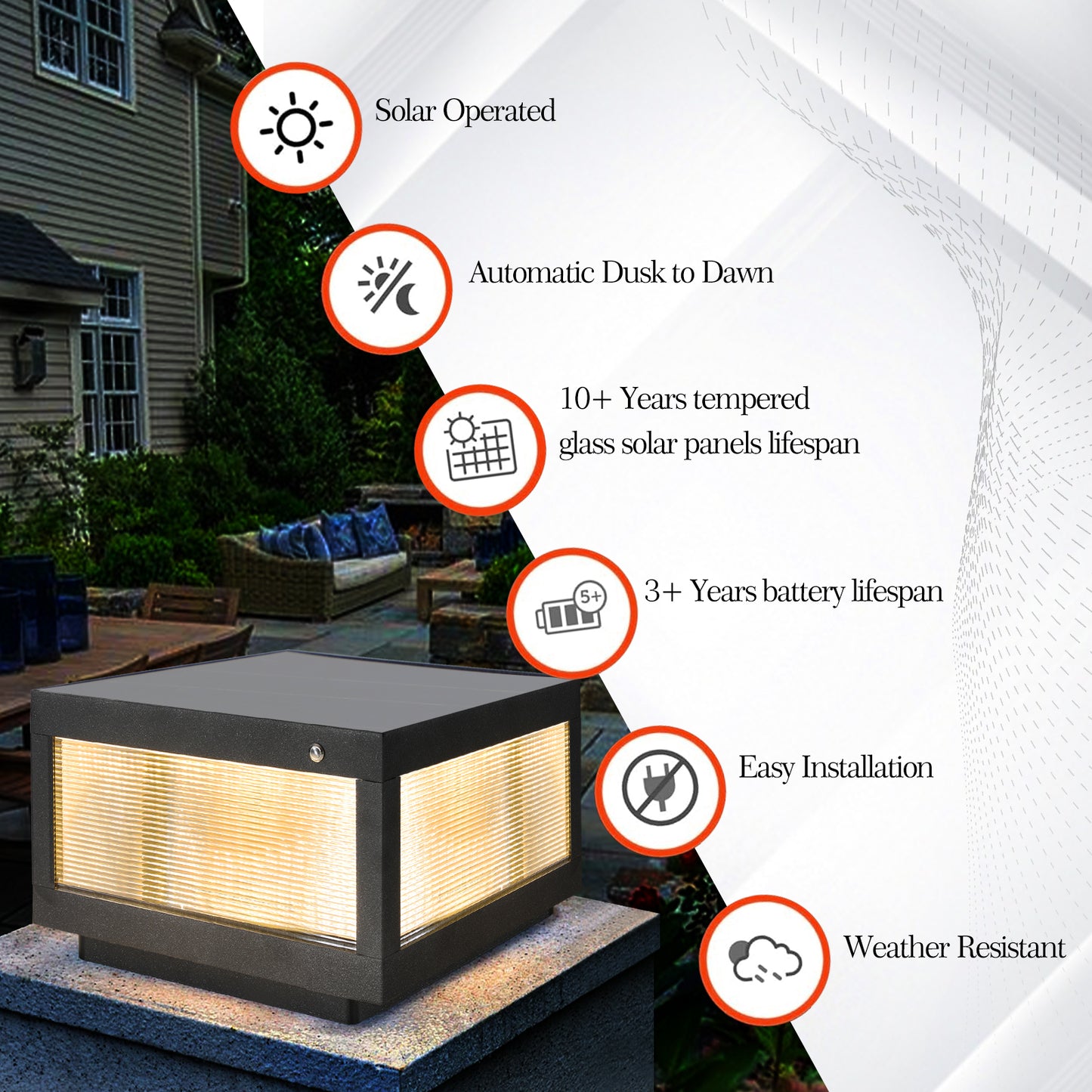Modern black solar post cap light with textured glass panels illuminating outdoor spaces