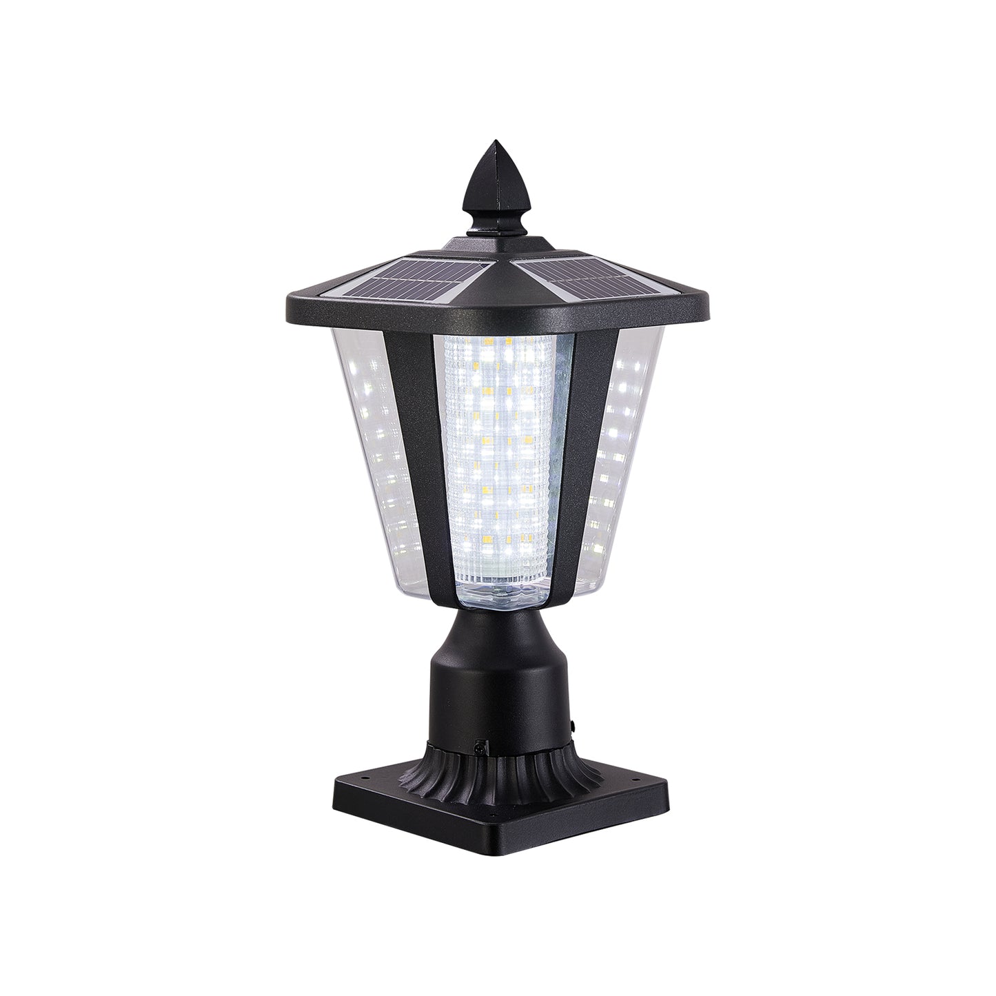 Black modern solar post light with clear panels and bright LED illumination