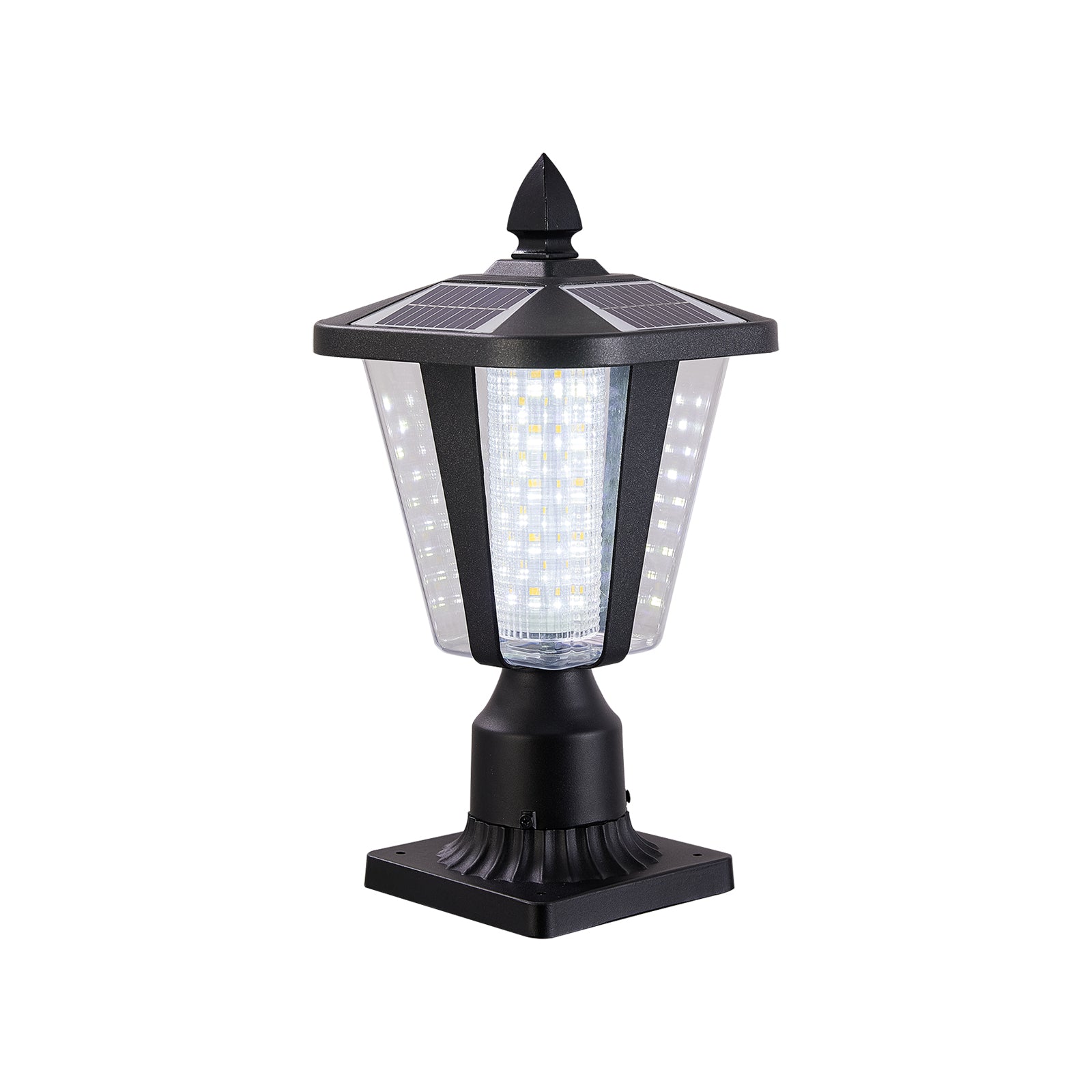 Black modern solar post light with clear panels and bright LED illumination