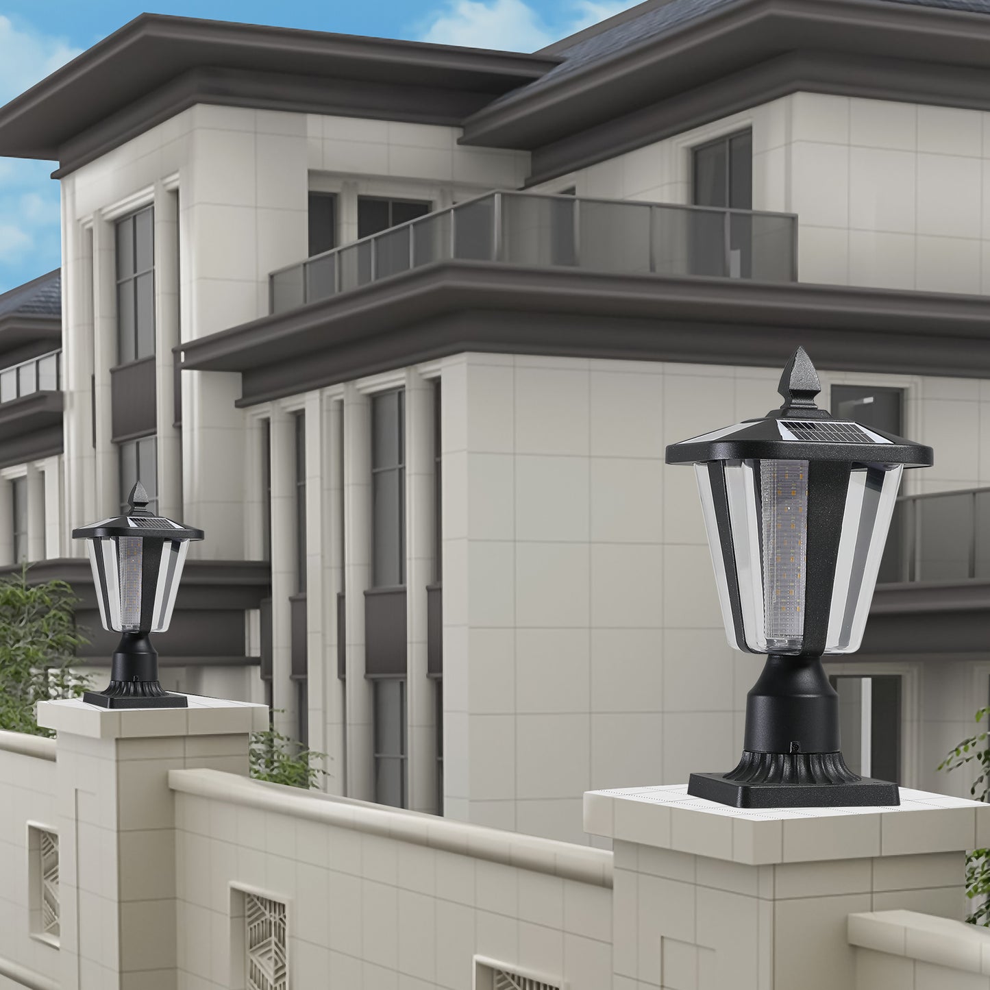 Black solarpowered post cap light with clear ribbed glass and LED bulbs