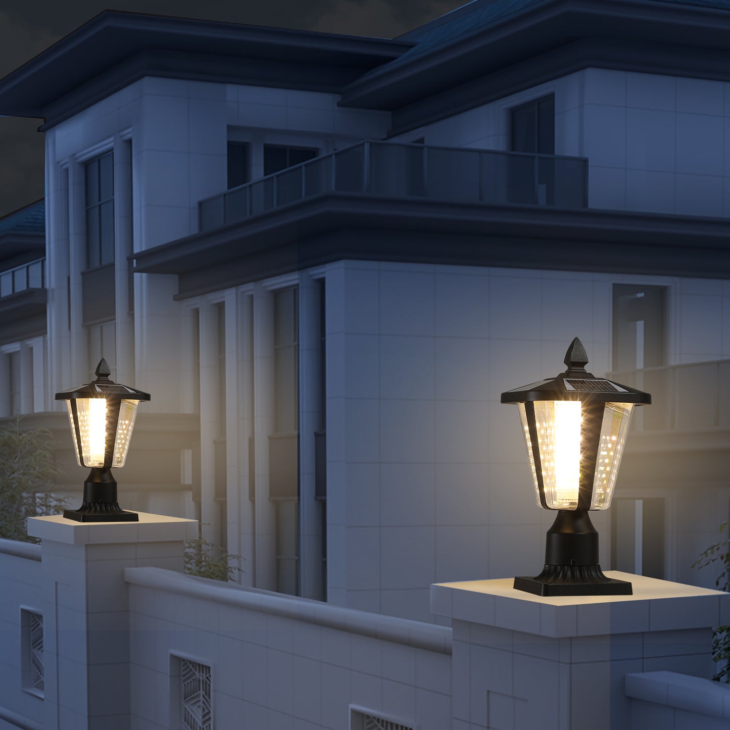 Black solarpowered outdoor post light with clear textured glass and bright LED illumination