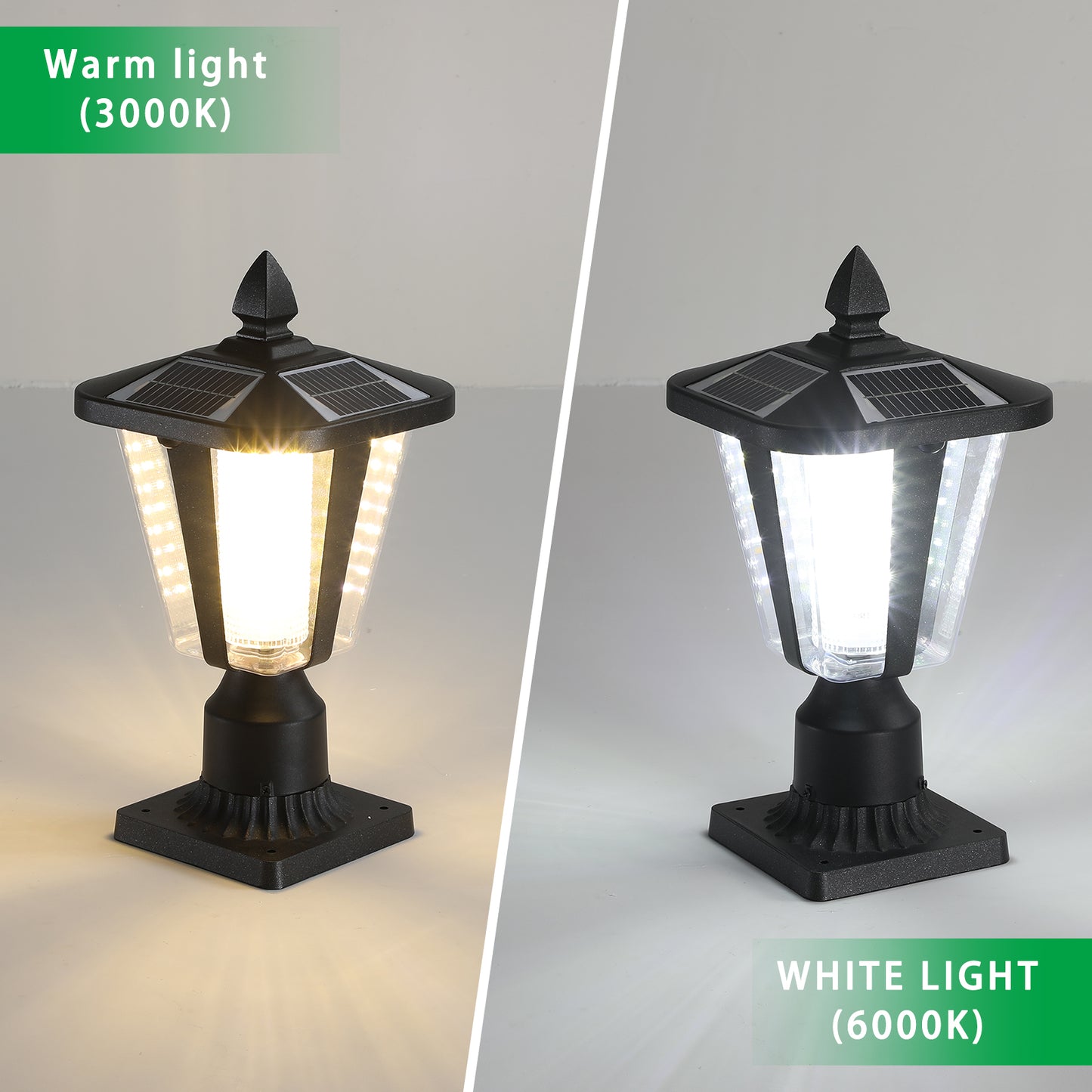Black solar post cap light with warm light K illuminating an outdoor patio