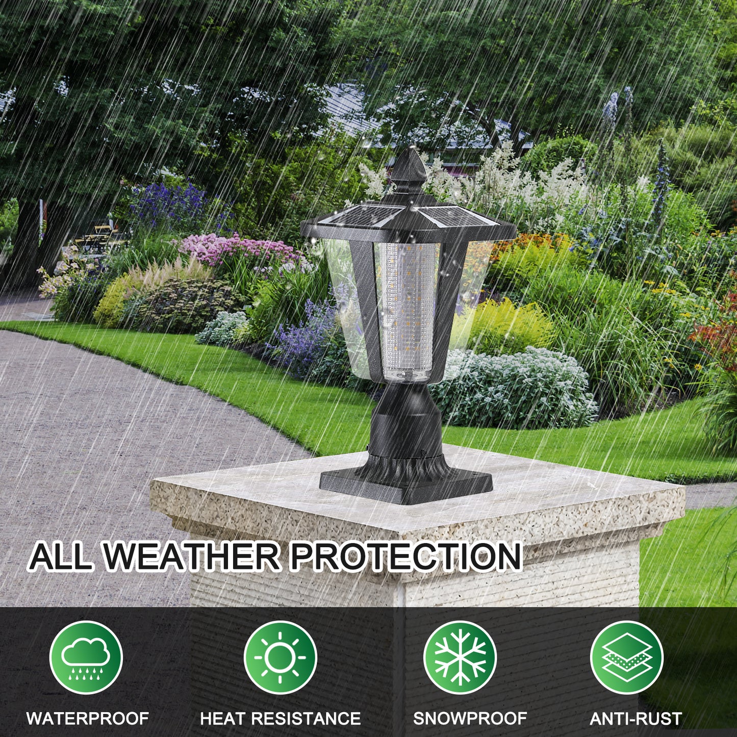 Black solar post cap light with ornate base illuminated by LEDs in a faceted glass lantern suitable for garden decor