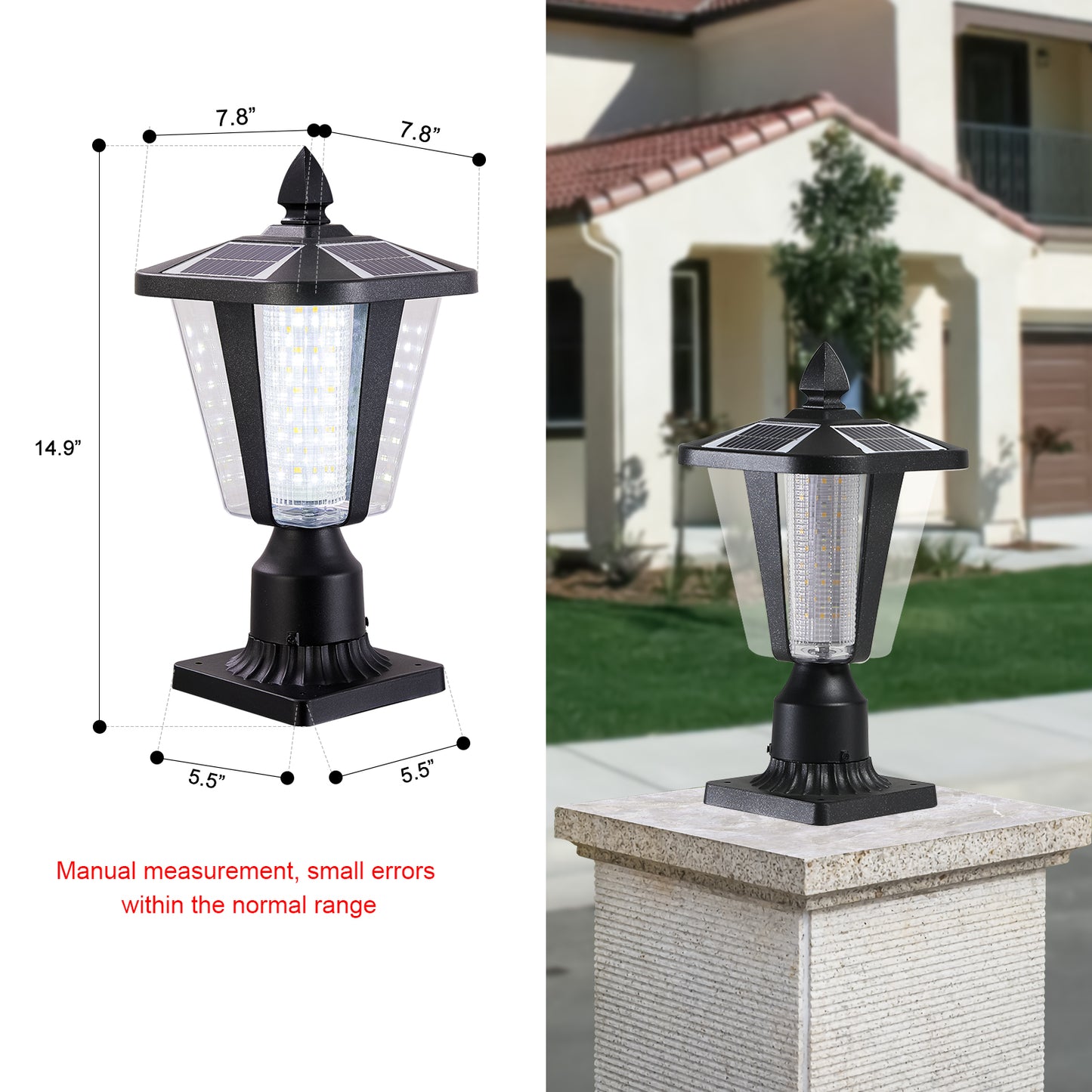Black solar post light with faceted clear glass and visible LED bulbs  tall