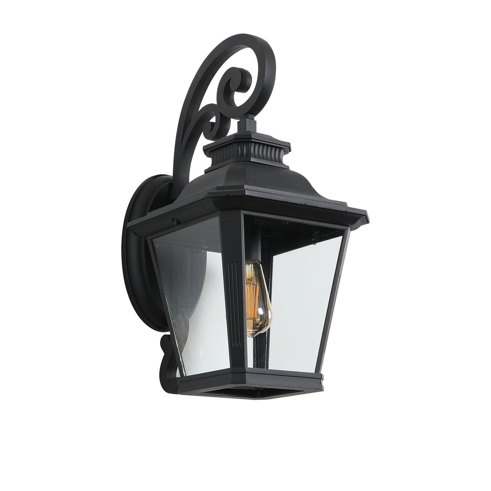 Classic black outdoor wall lantern with ornate scroll arm and clear glass panes