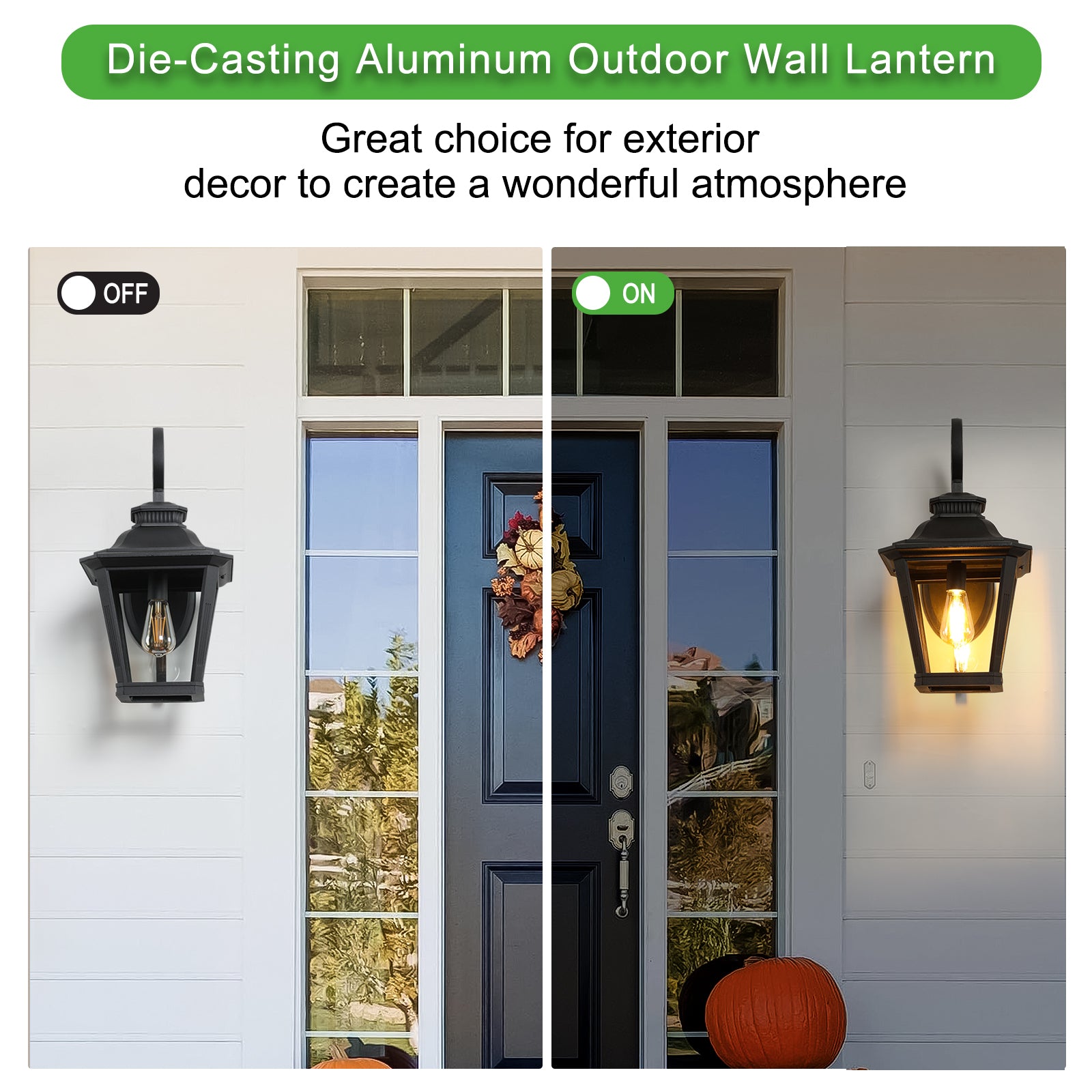 Black diecasting aluminum outdoor wall lantern with glass panels illuminated