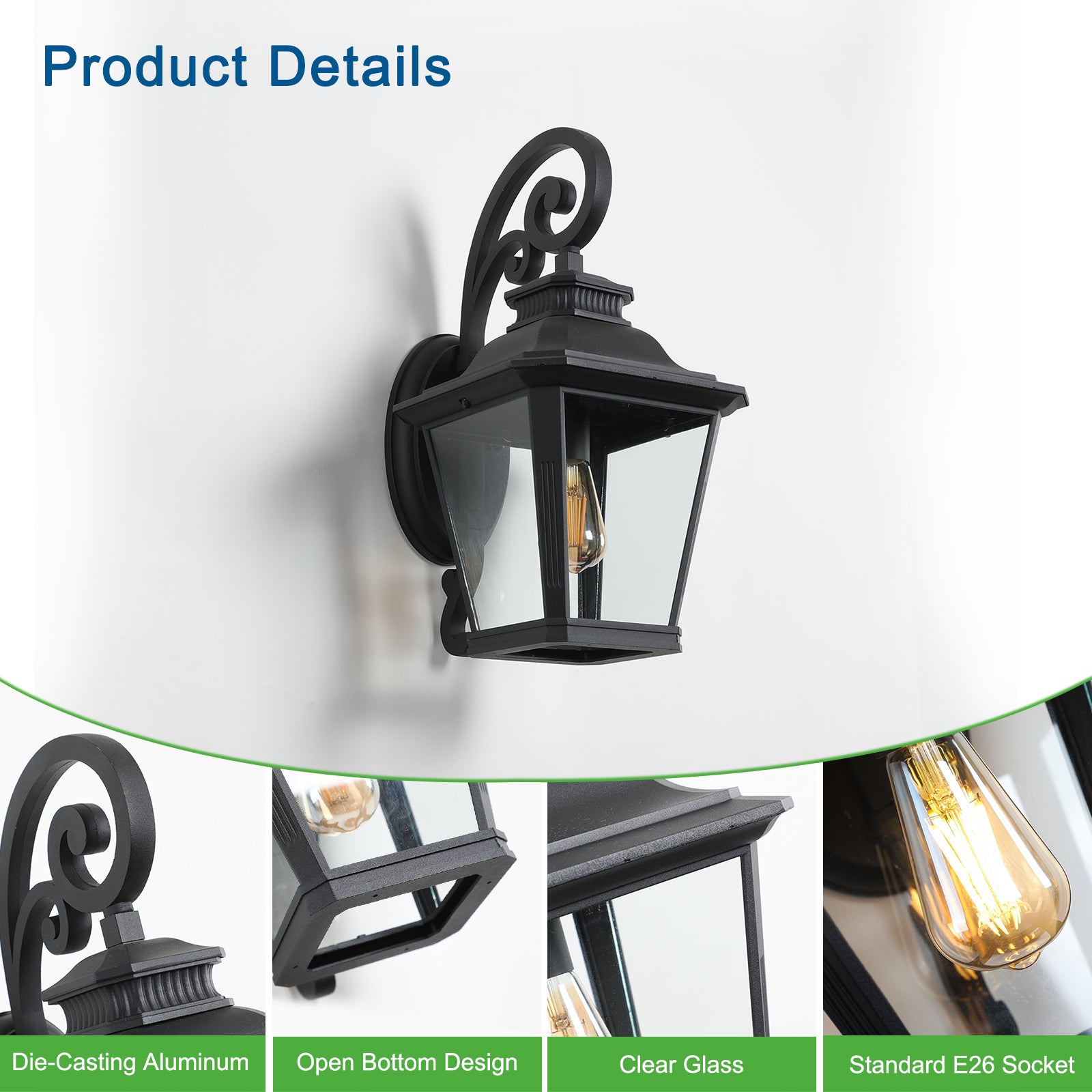 Black diecast aluminum outdoor wall lantern with clear glass panes and decorative scroll