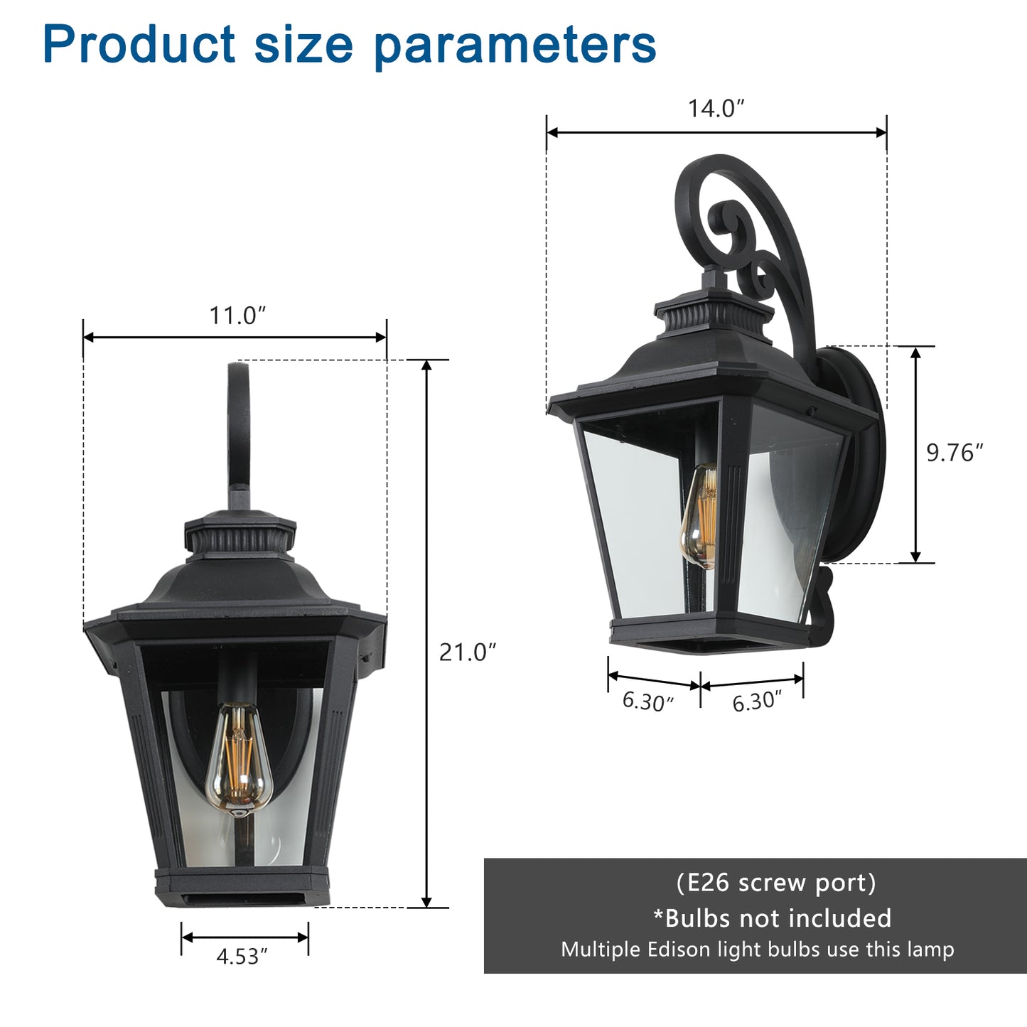 Black outdoor wall lantern  H x  W with glass panels and scroll arm