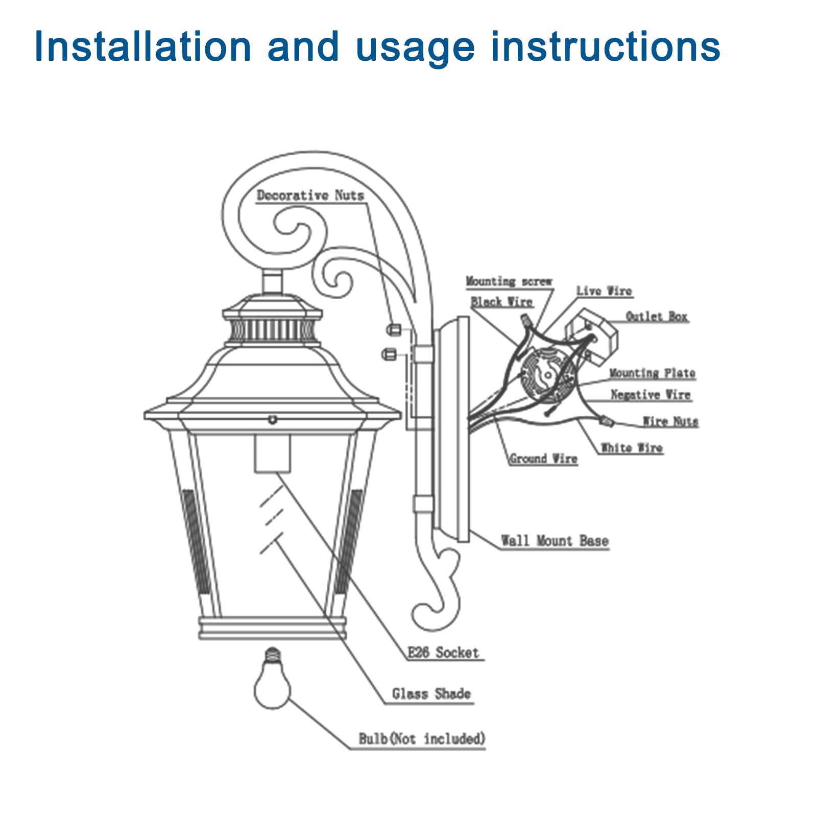 Diagram showing installation of an outdoor wall light fixture with E socket glass shade and decorative nuts