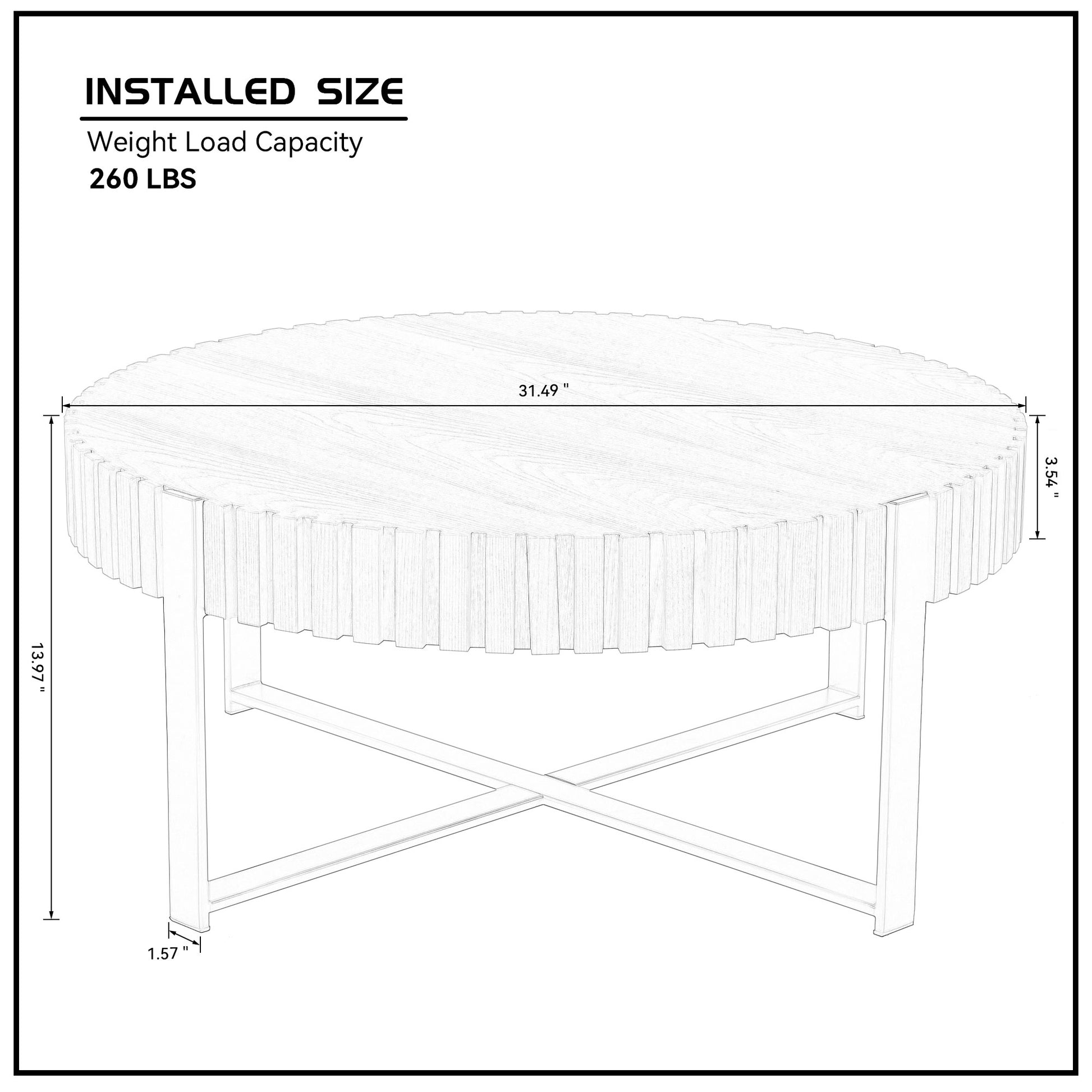 Round wood coffee table with grooved pedestal and Xcross base  diameter