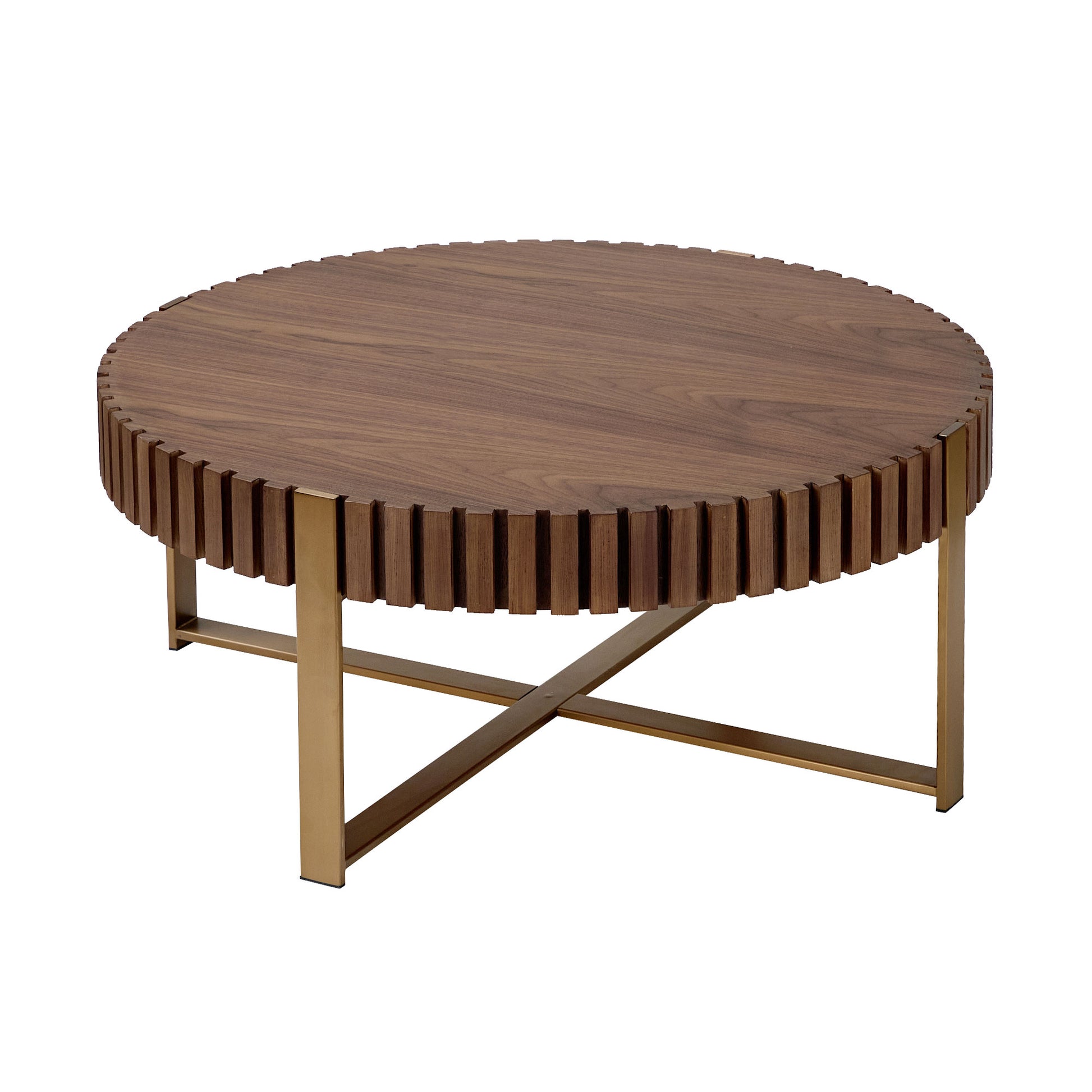Round walnut coffee table with fluted edge and brushed gold base