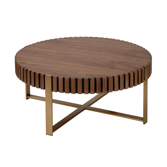 Round walnut coffee table with fluted edge and brushed gold base