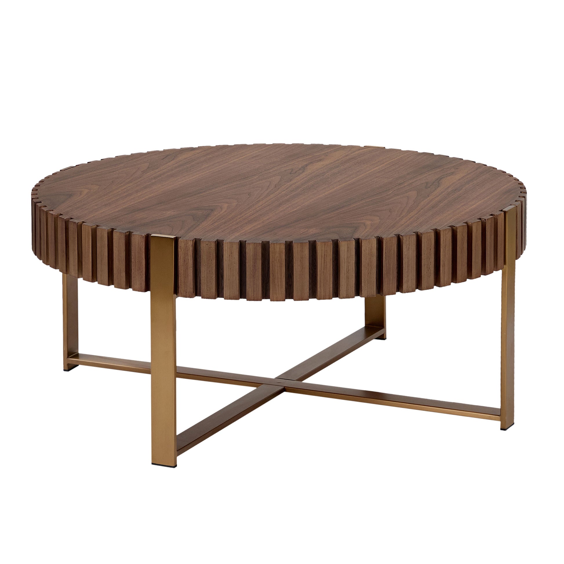 Round wooden coffee table with fluted details and gold metal base
