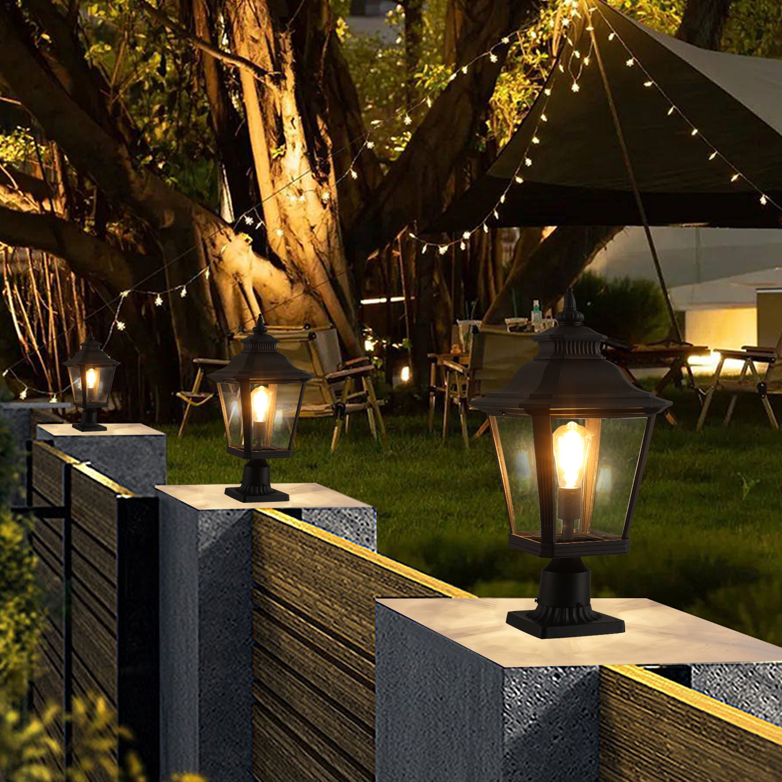Black post lantern with clear glass panels and an Edison bulb providing exterior lighting