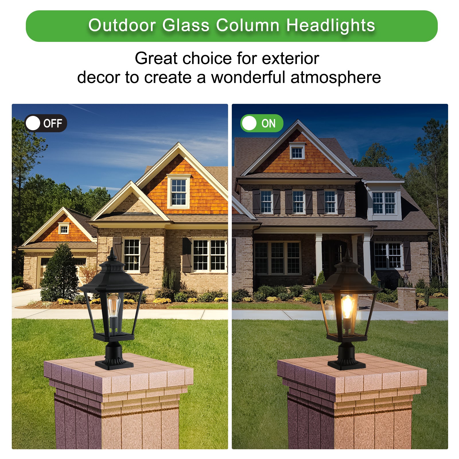 Black metal and glass outdoor post lantern shown lit and unlit on a stone pillar