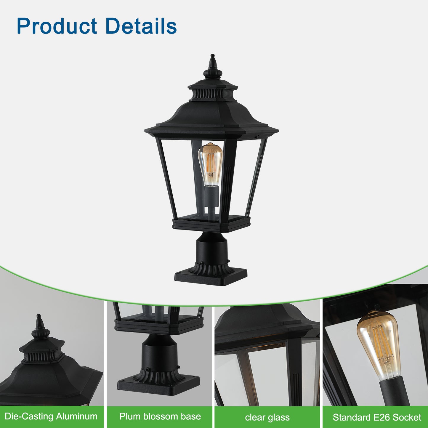Black diecasting aluminum outdoor post lamp with clear glass panes and antique bulb