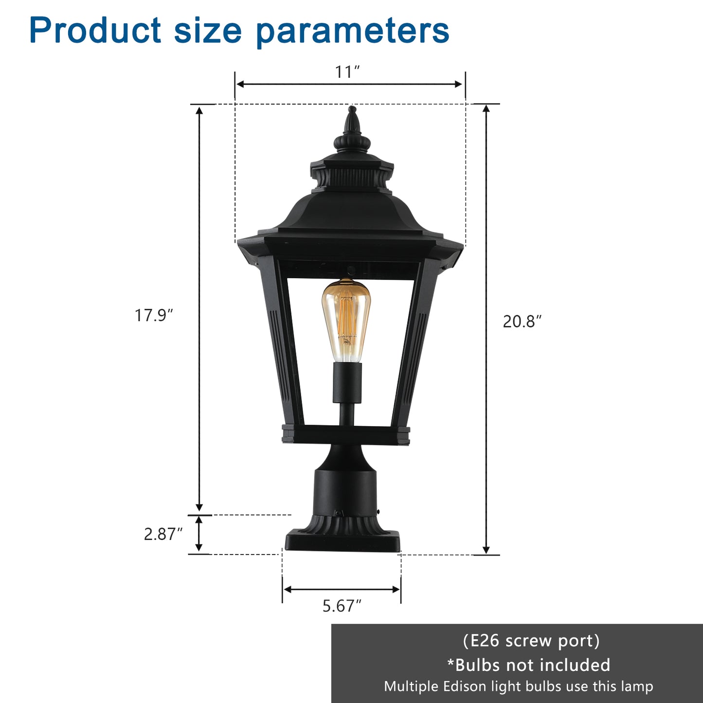 Black outdoor post light with vintage Edison bulb  height