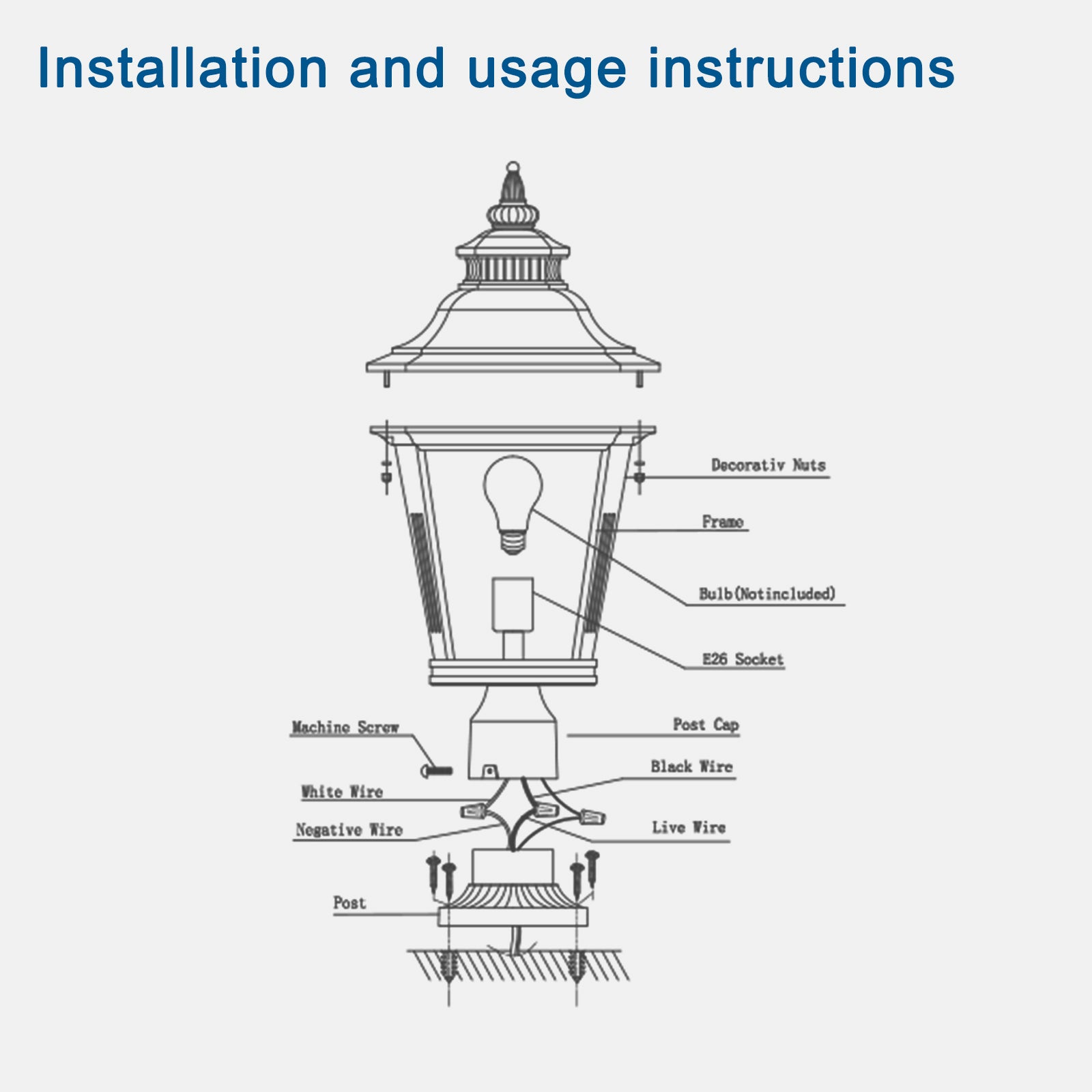 Exploded diagram of a vintagestyle post lantern showing wire connections