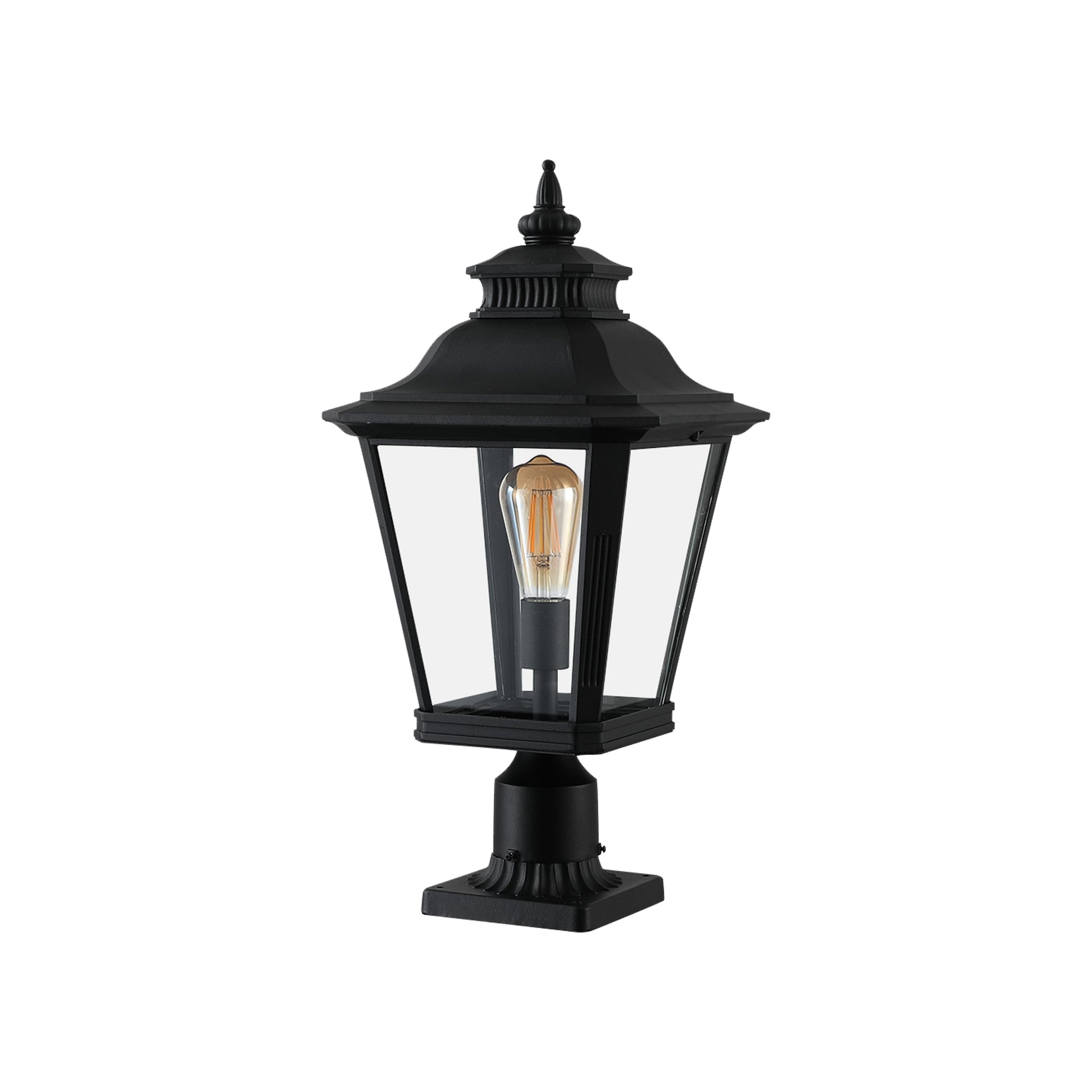Black traditional post lantern with clear glass panels and Edison bulb