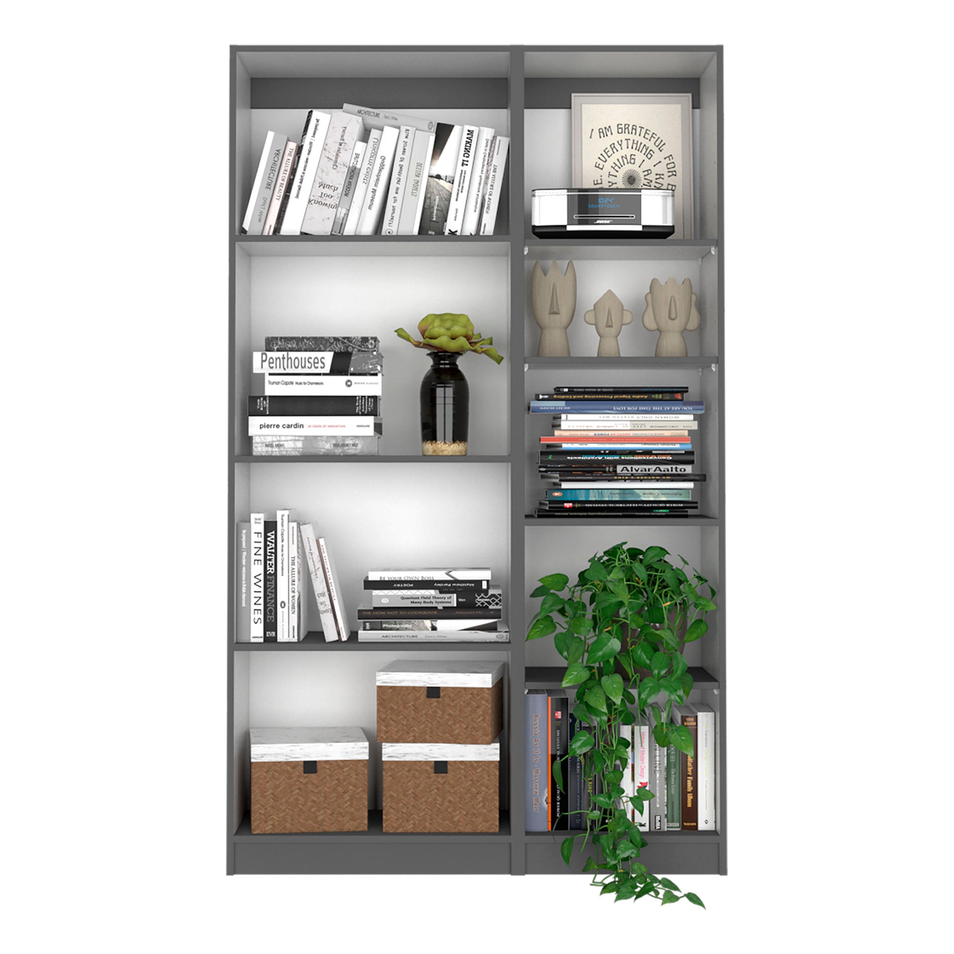 Modern grey bookshelf filled with art design and architecture books