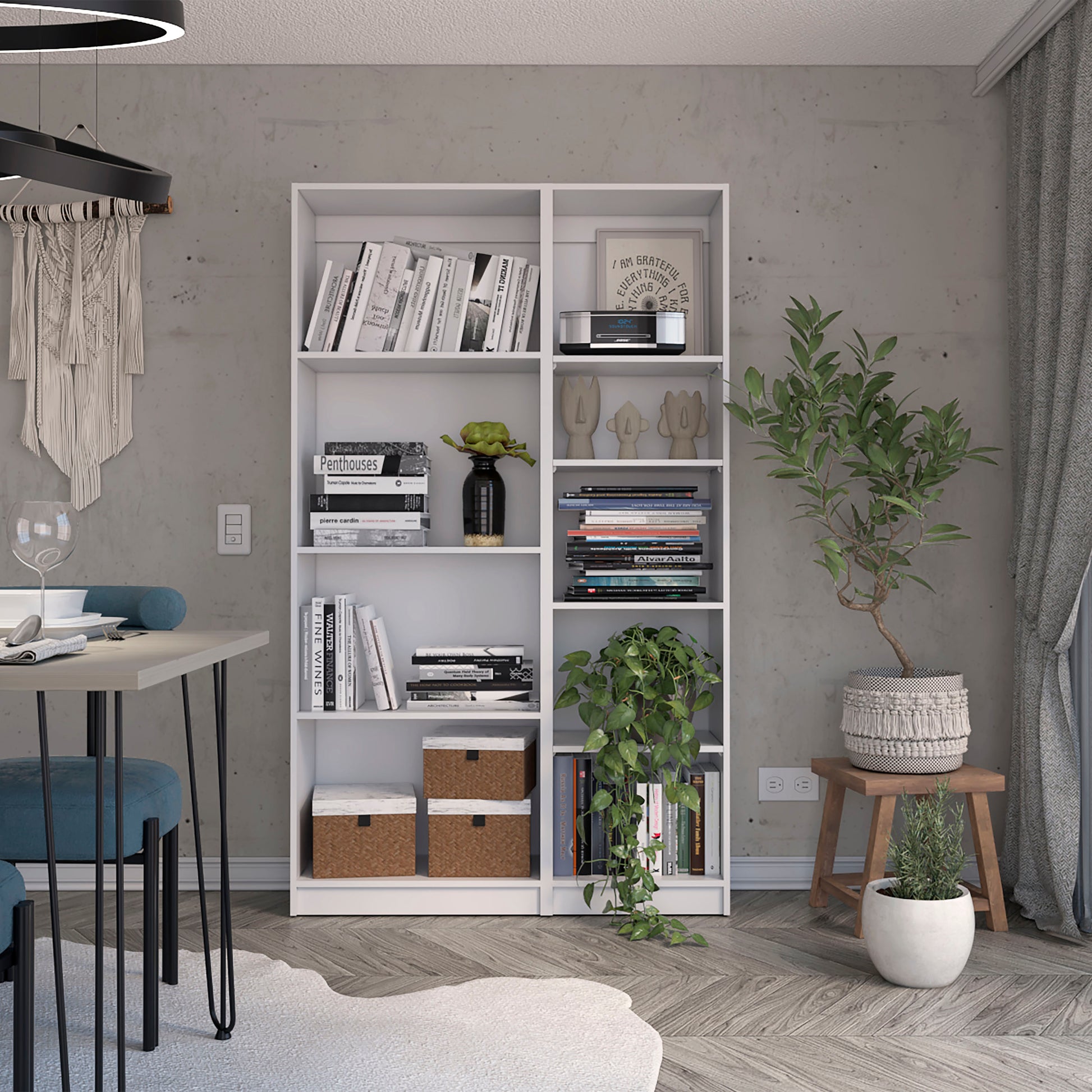 White modern bookshelf filled with books and decorative items offering stylish storage solutions