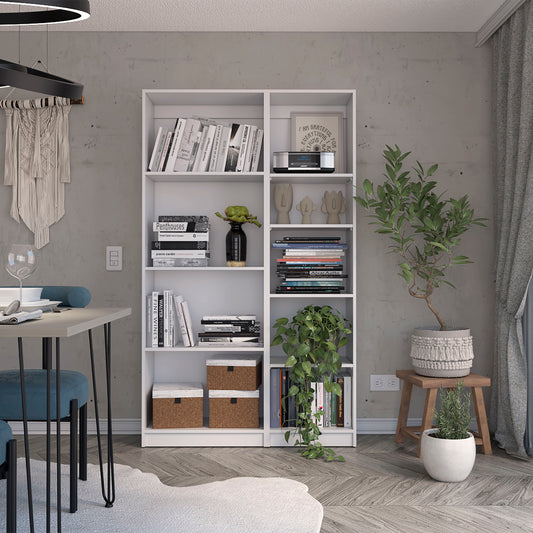 White modern bookshelf filled with books and decorative items offering stylish storage solutions