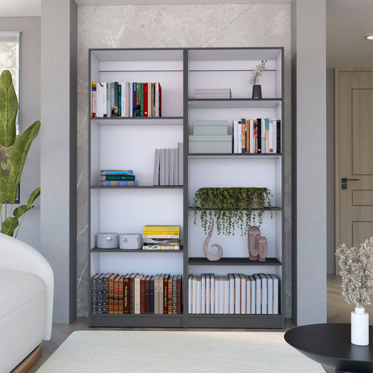Modern gray bookcase filled with various books and decorative items