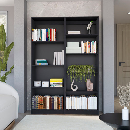 Dark gray modern bookshelf filled with various books and decorative items