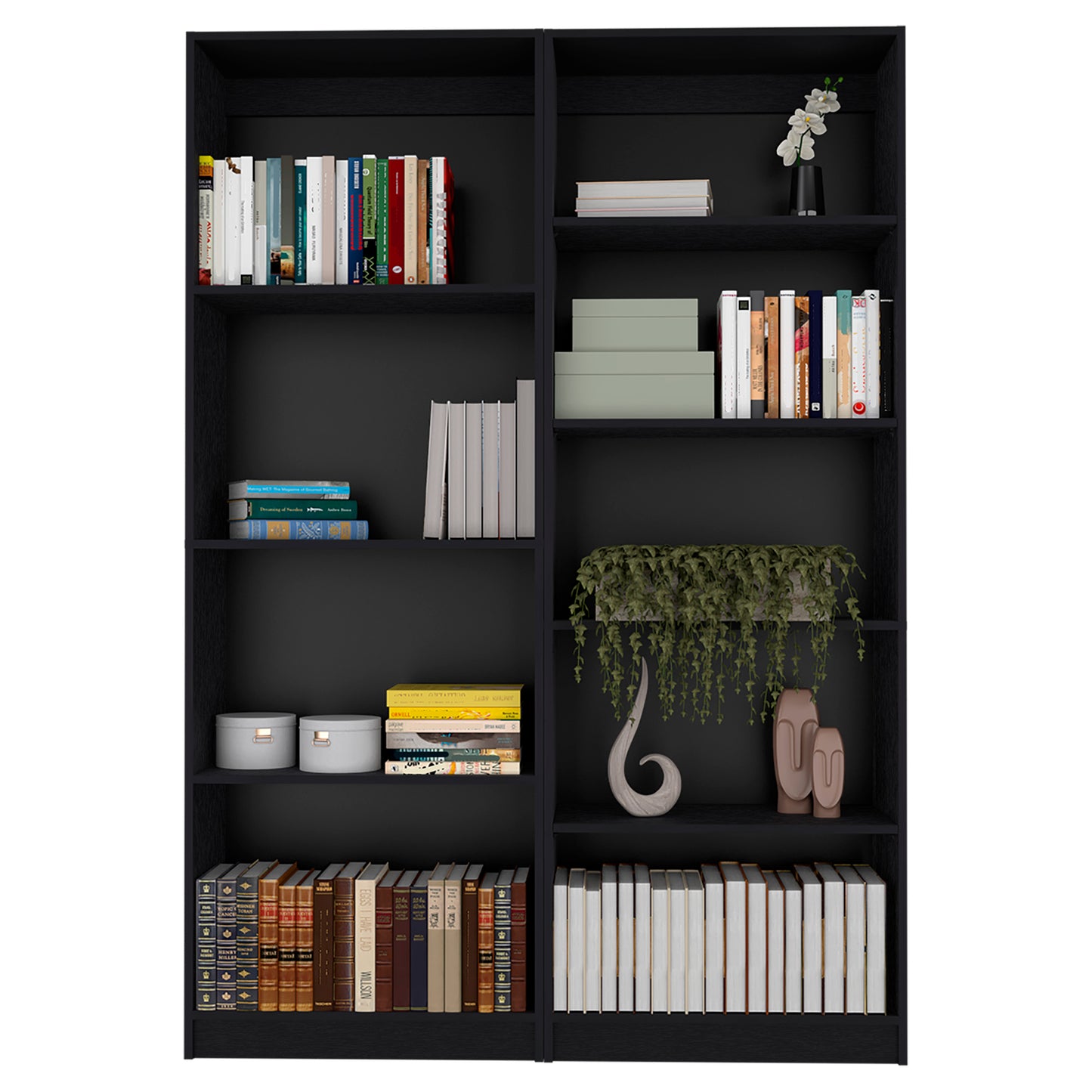 Black modern bookshelf filled with various books and decor