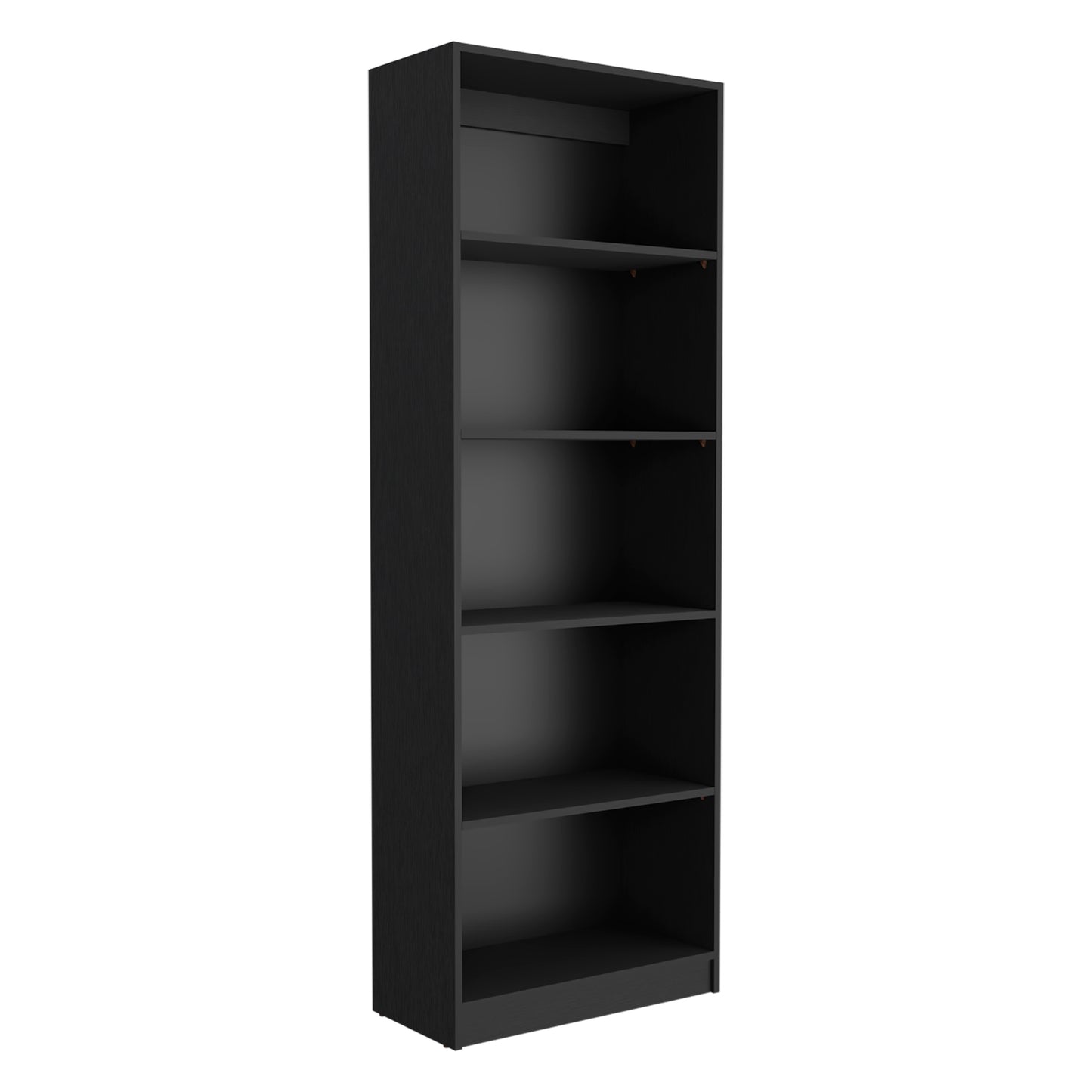 Tall black bookshelf with five open shelves for home storage and display