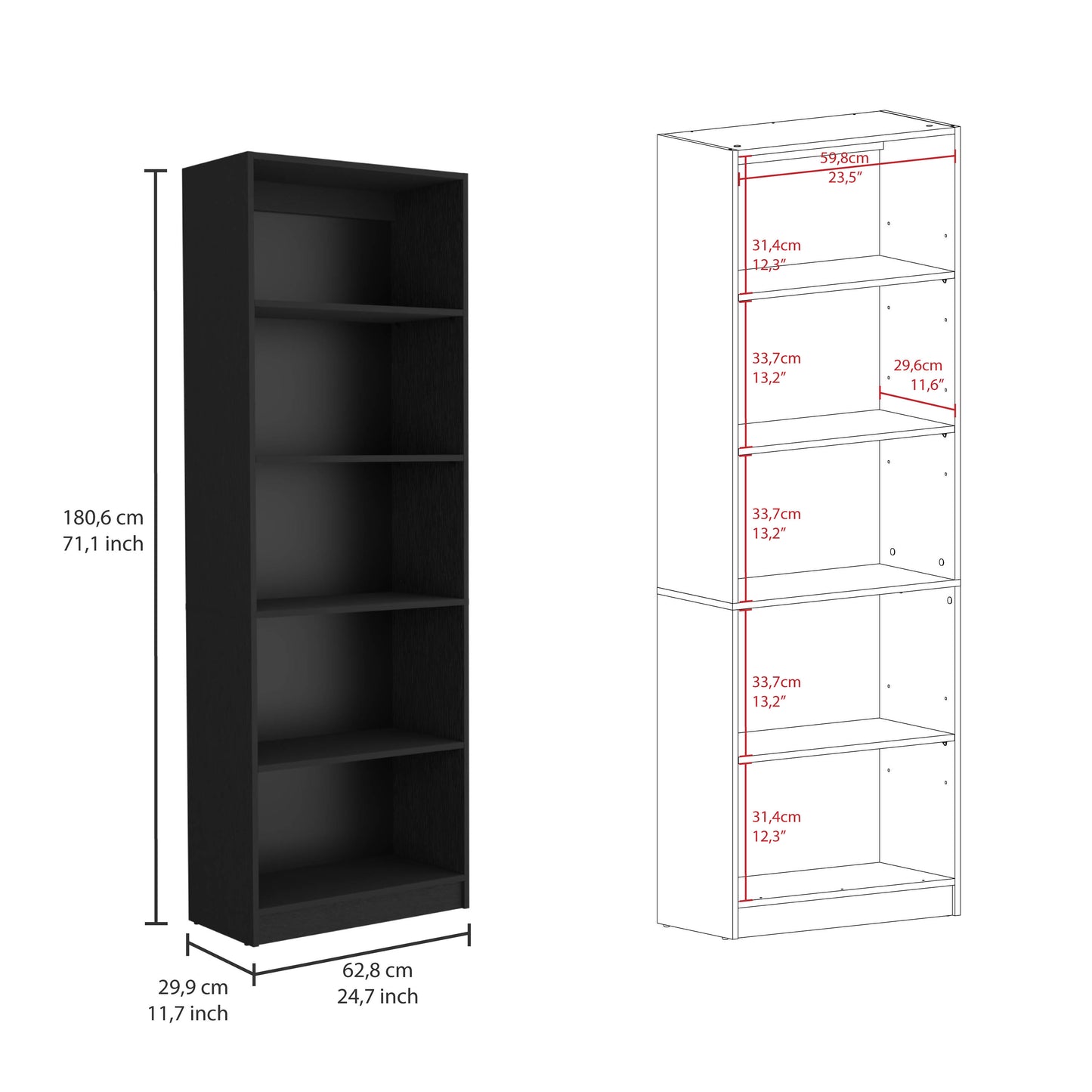 Black fiveshelf bookshelf with detailed dimension callouts for height width and shelf depth