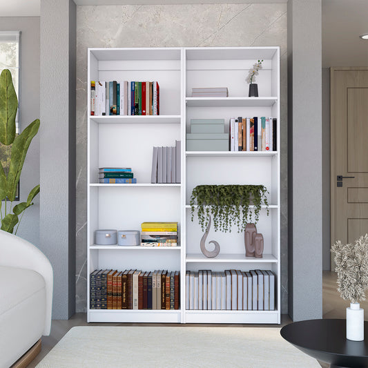 Tall white bookshelf with various books and decorative items on shelves