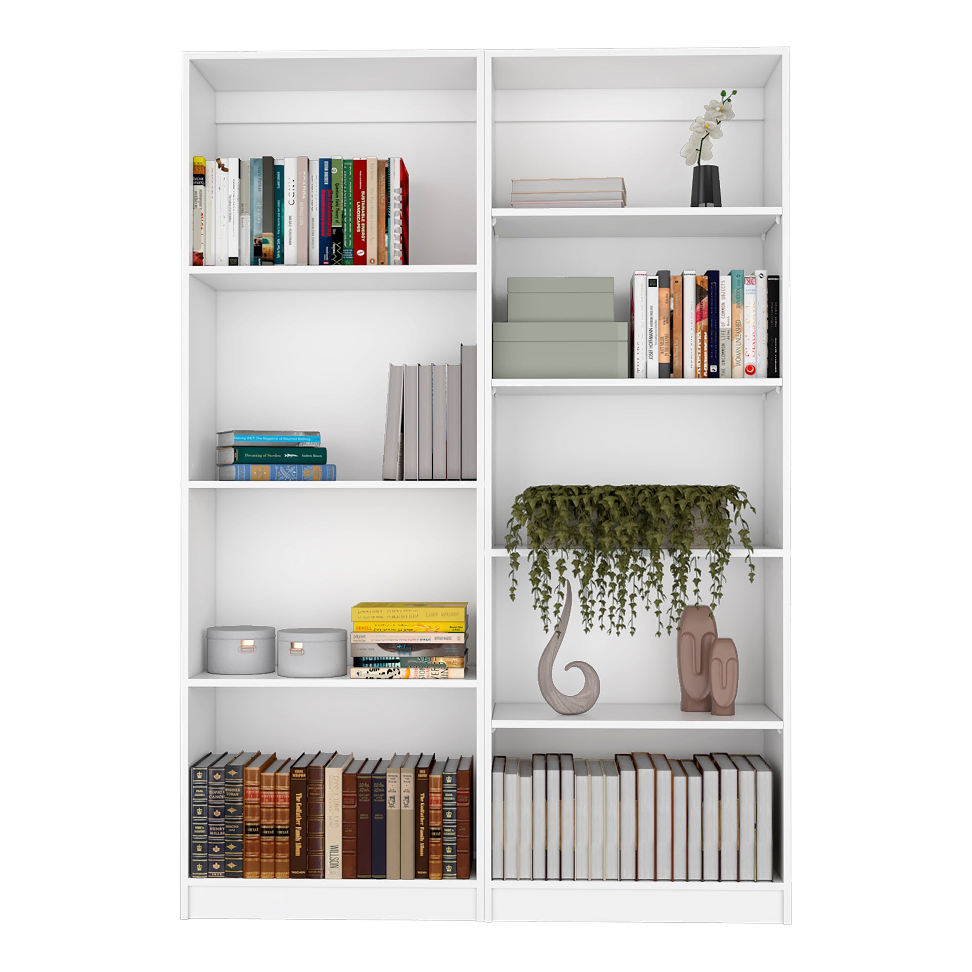 Various hardcover books in red blue and tan spines on a white bookshelf featuring The Godfather Family Album spine