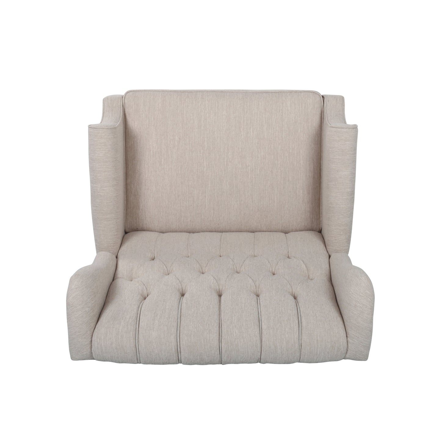 Tufted beige fabric wingback accent chair with rolled arms perfect for living rooms