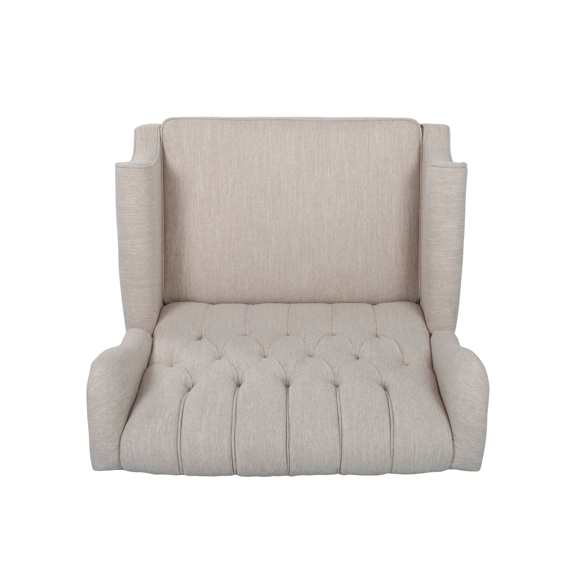 Tufted beige fabric wingback accent chair with rolled arms perfect for living rooms