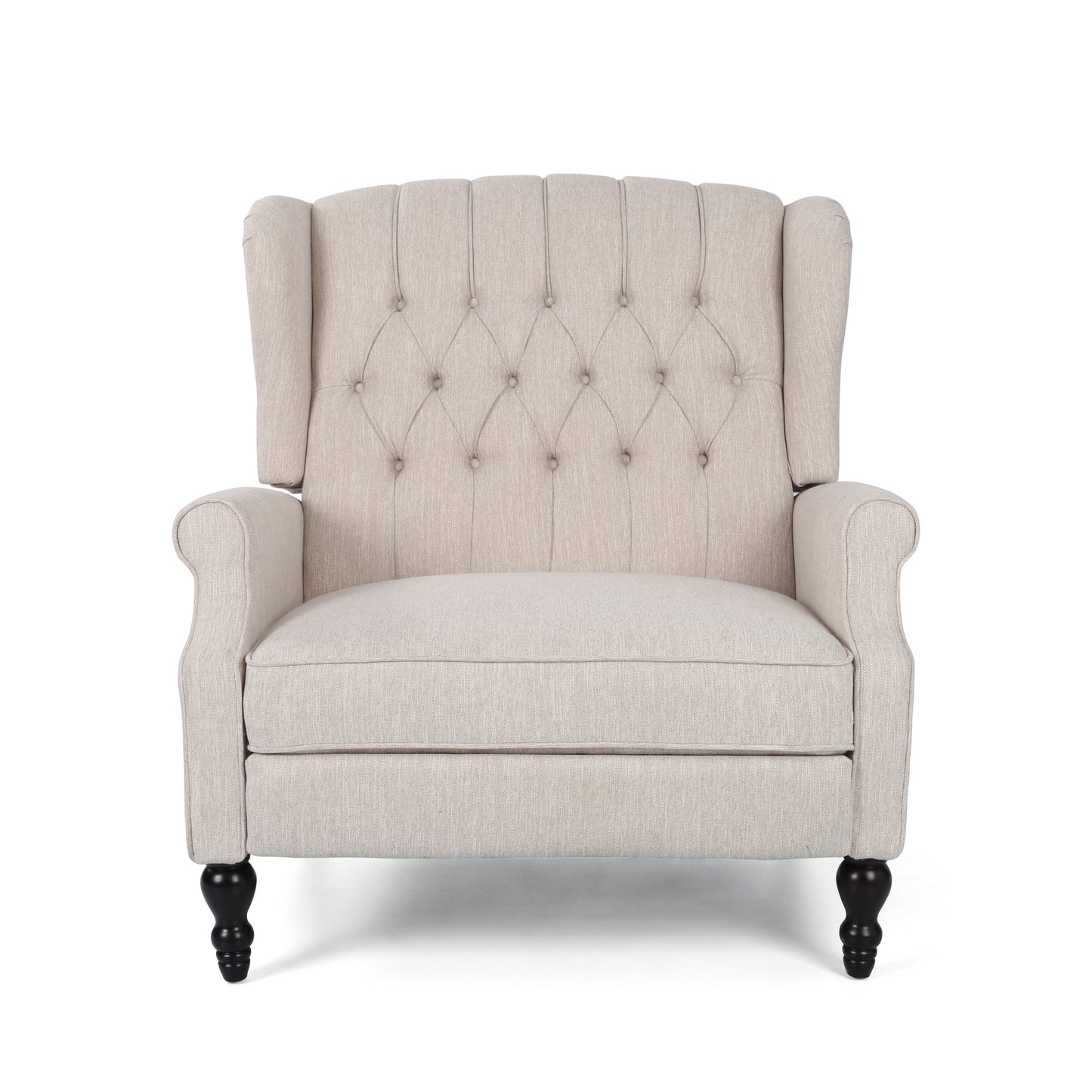 Beige upholstered wingback armchair with deep button tufting and dark wood legs