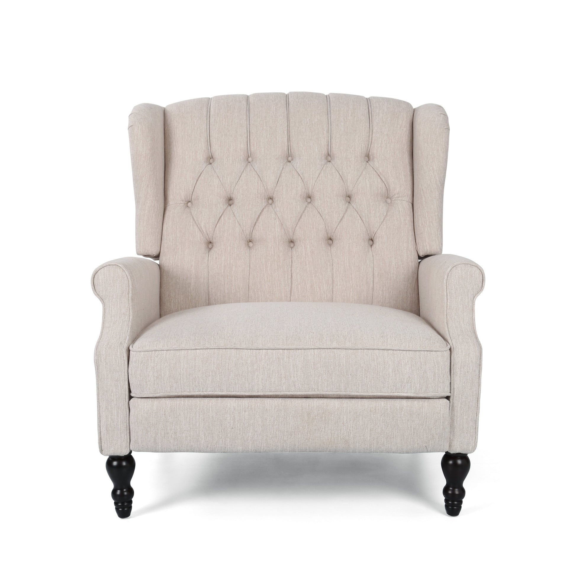 Beige upholstered wingback armchair with deep button tufting and dark wood legs