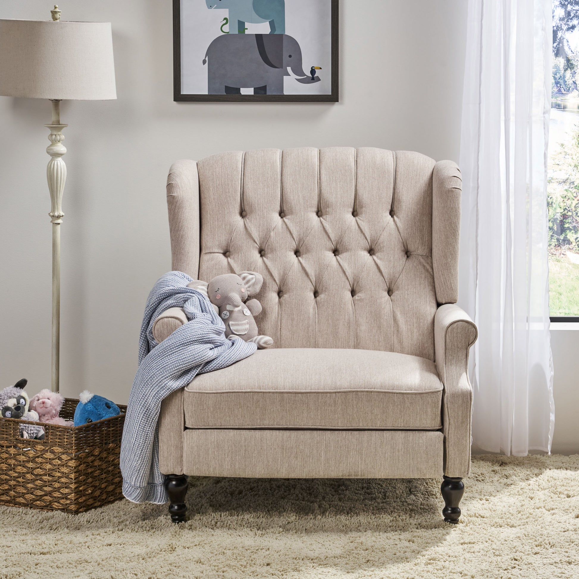 Tufted beige accent chair with rolled arms and dark wood legs perfect for reading nooks