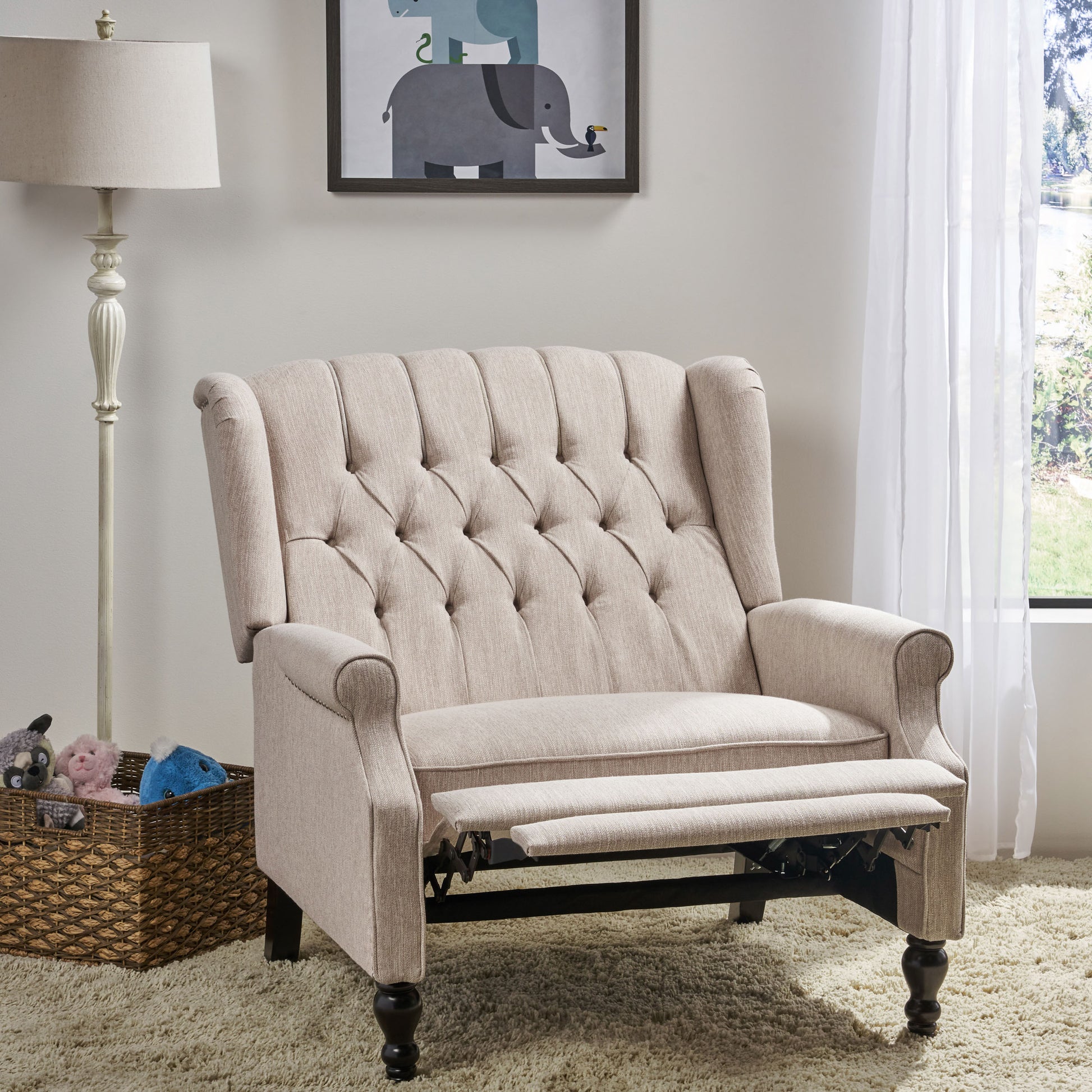 Tufted beige recliner chair with fabric upholstery and ornate wooden legs