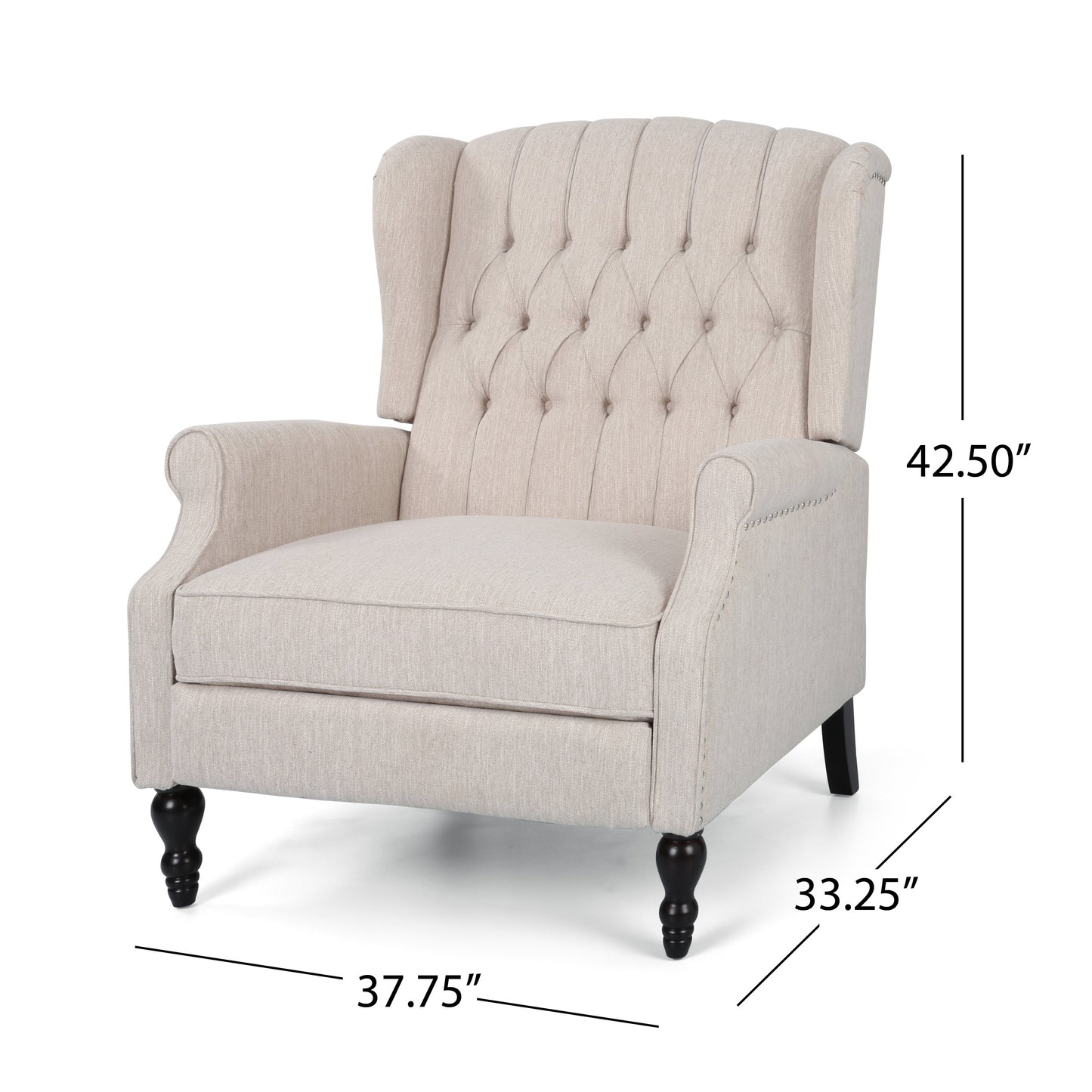 Tufted beige wingback accent chair with dark wood legs and ornate detailing