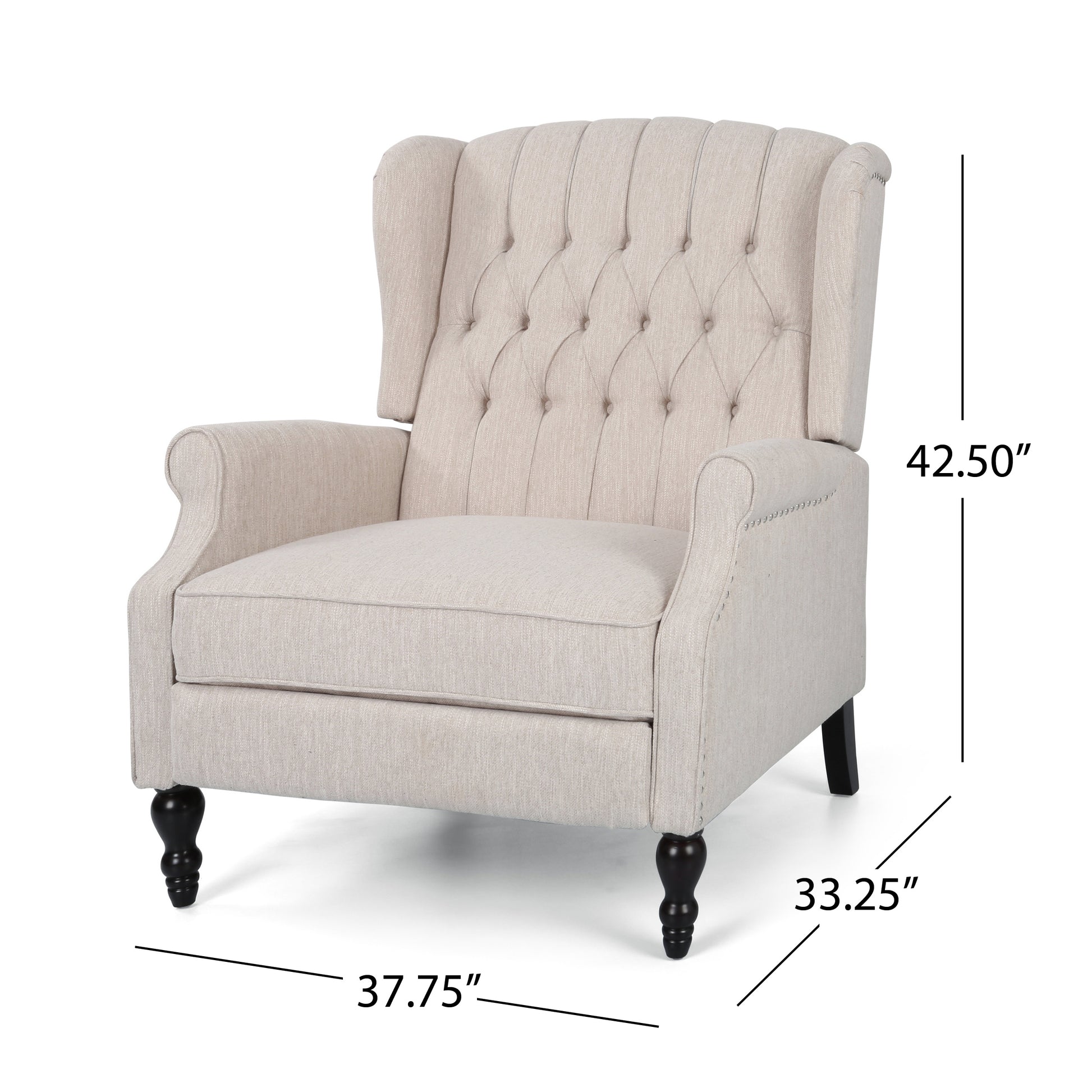 Tufted beige wingback accent chair with dark wood legs and ornate detailing