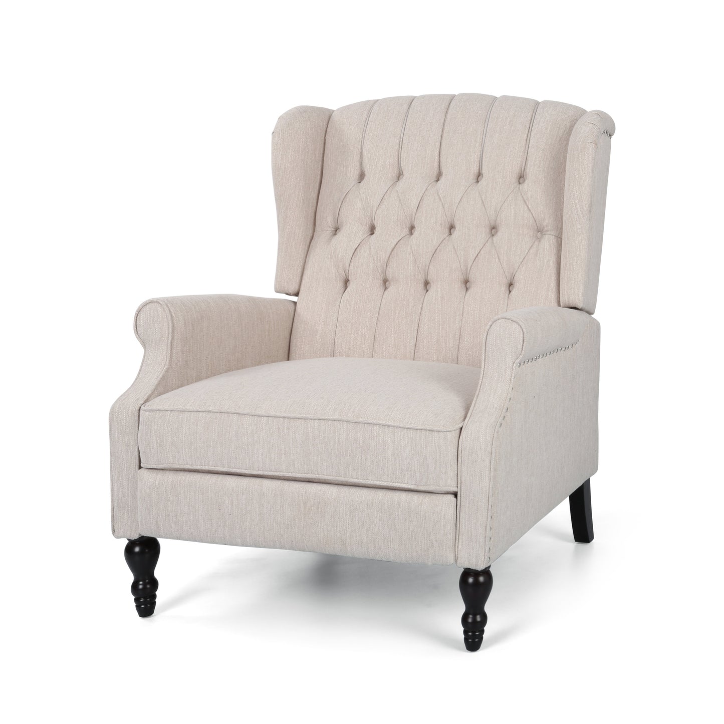 Beige linen wingback armchair with button tufting and dark wood legs