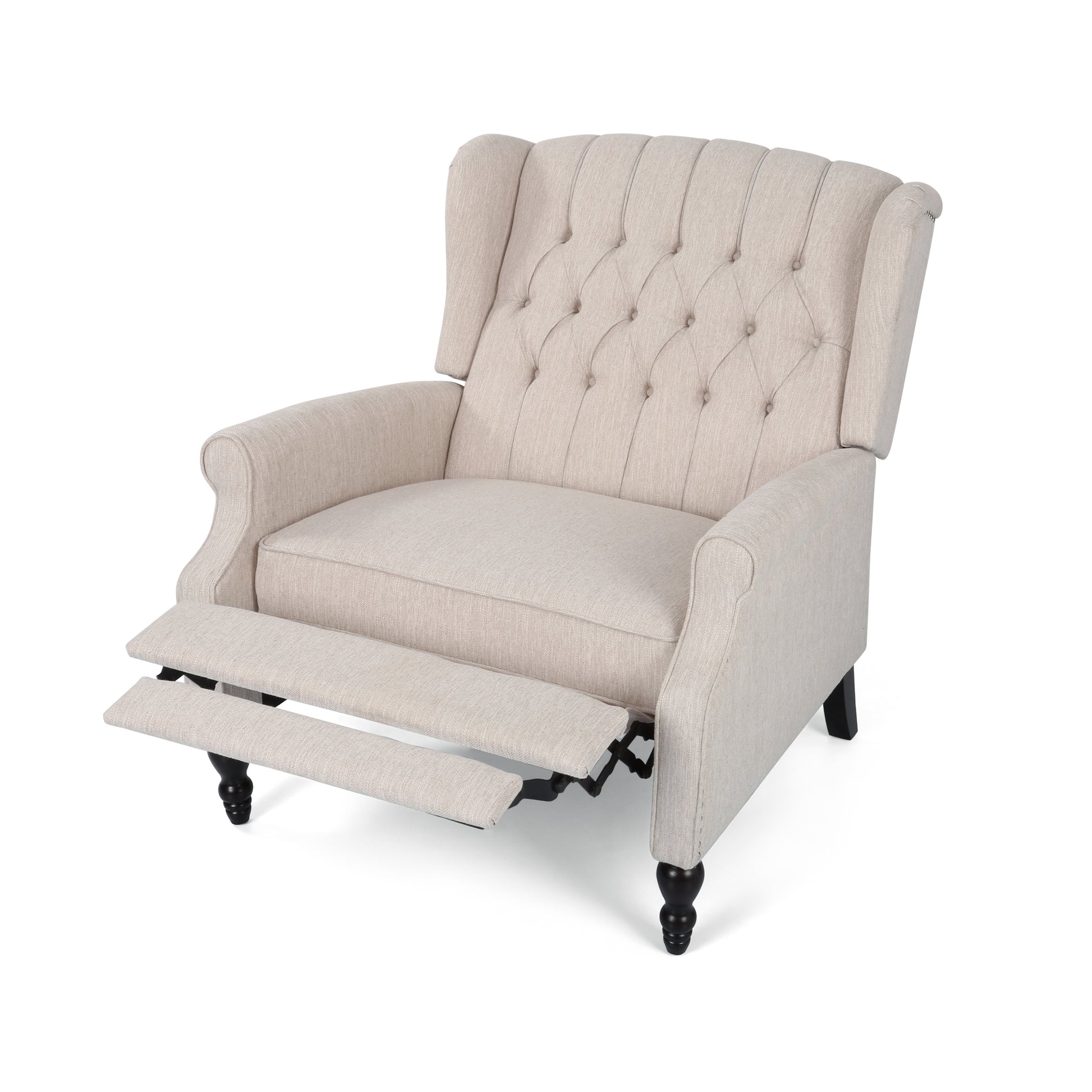 Beige linen wingback recliner chair with diamond tufting and extended footrest