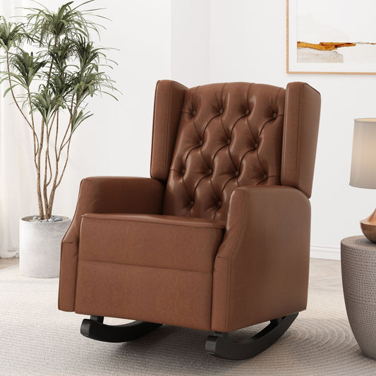 Tufted brown leather recliner with wings and rocking base ideal for cozy living rooms