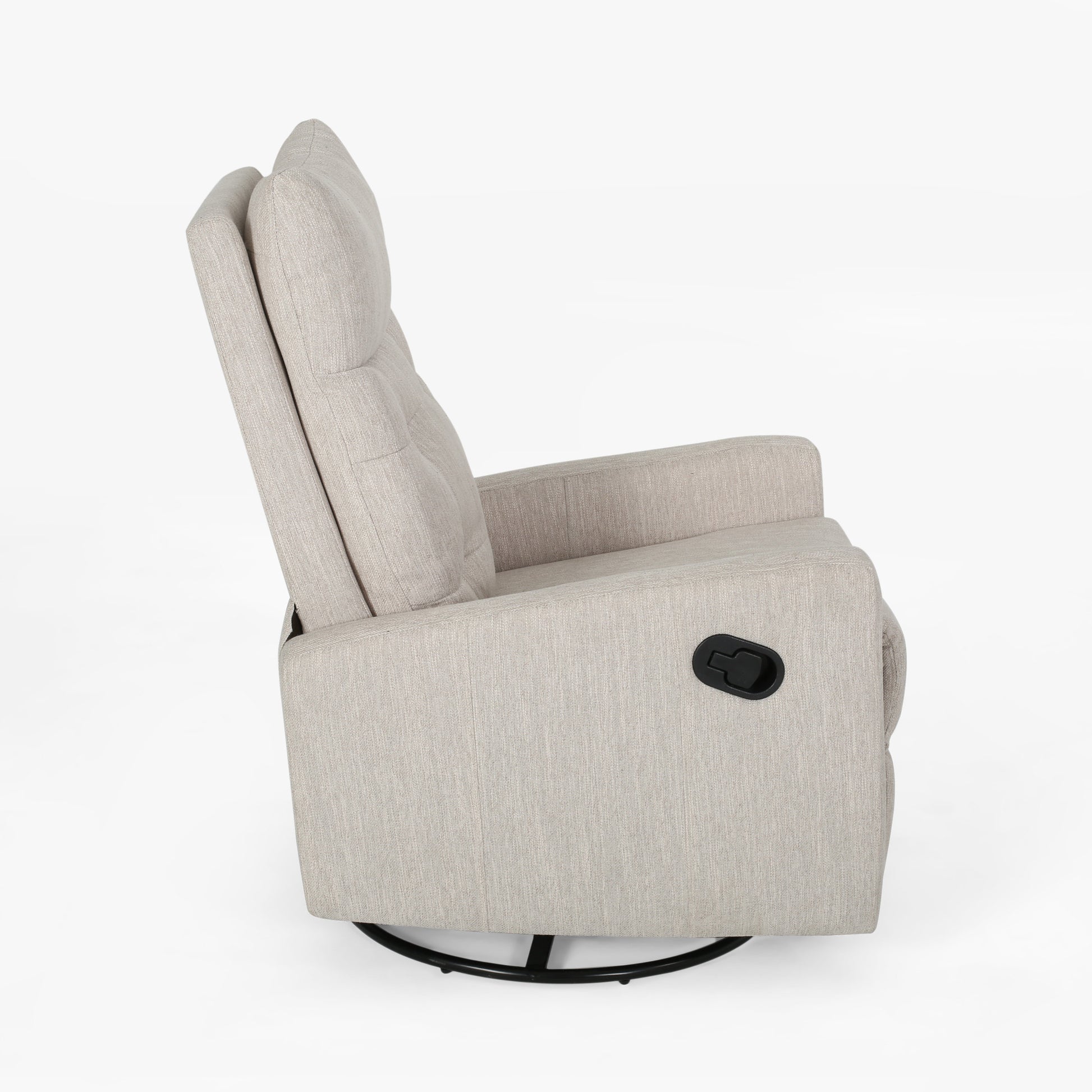 Light beige fabric recliner chair with black metal swivel base and lever