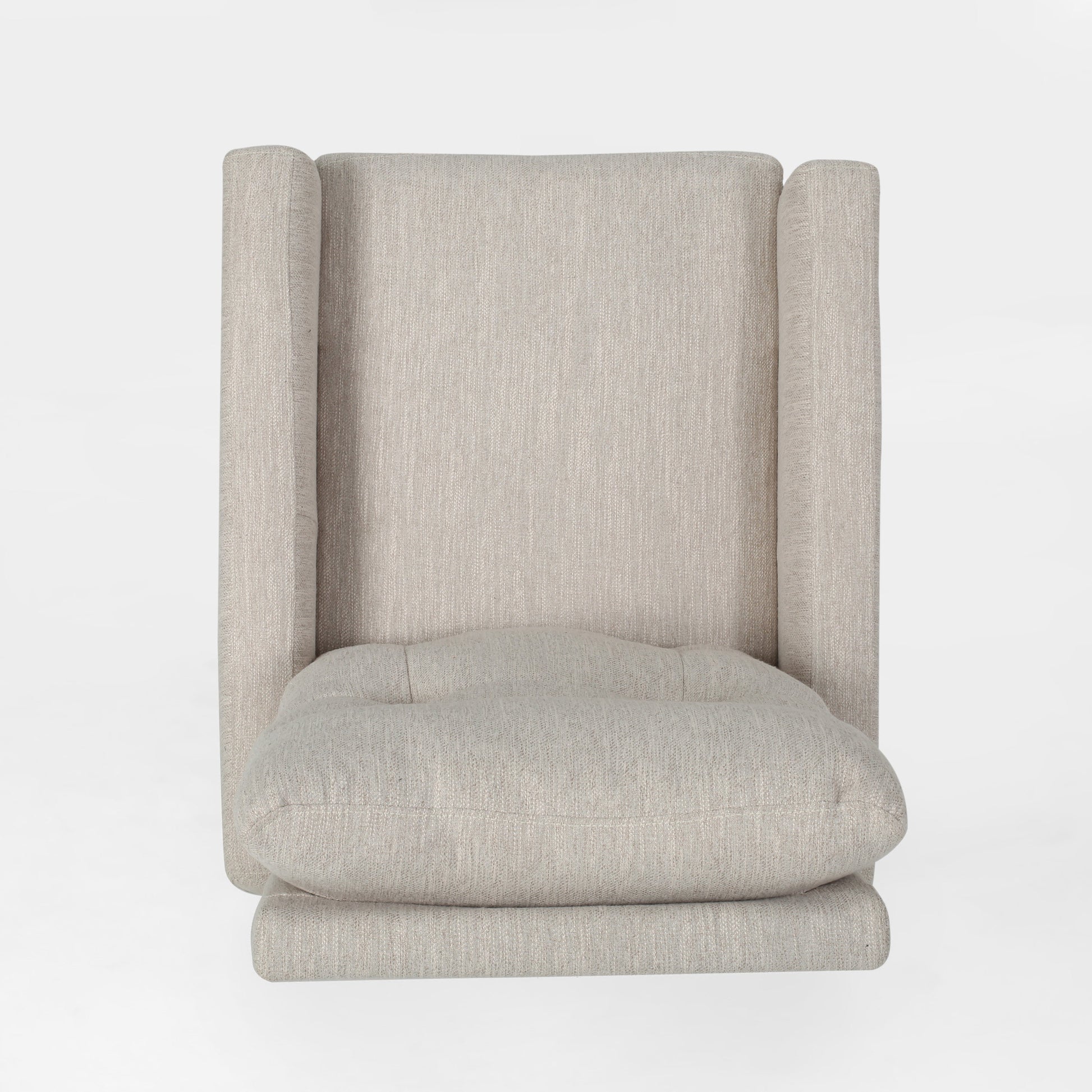 Beige upholstered wingback chair with plush seat cushion ideal for modern living rooms