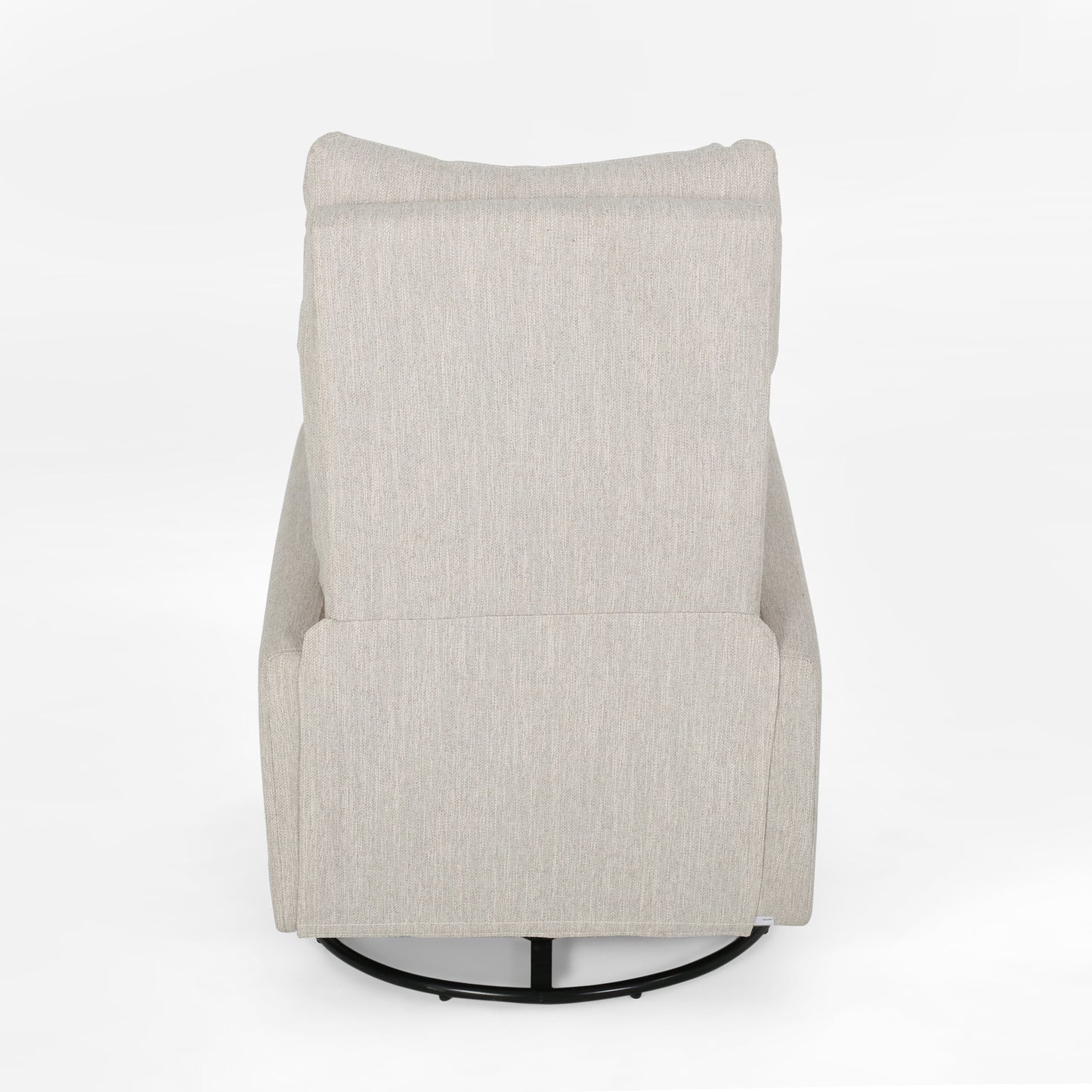 Back view of a light beige upholstered recliner chair with a black swivel base