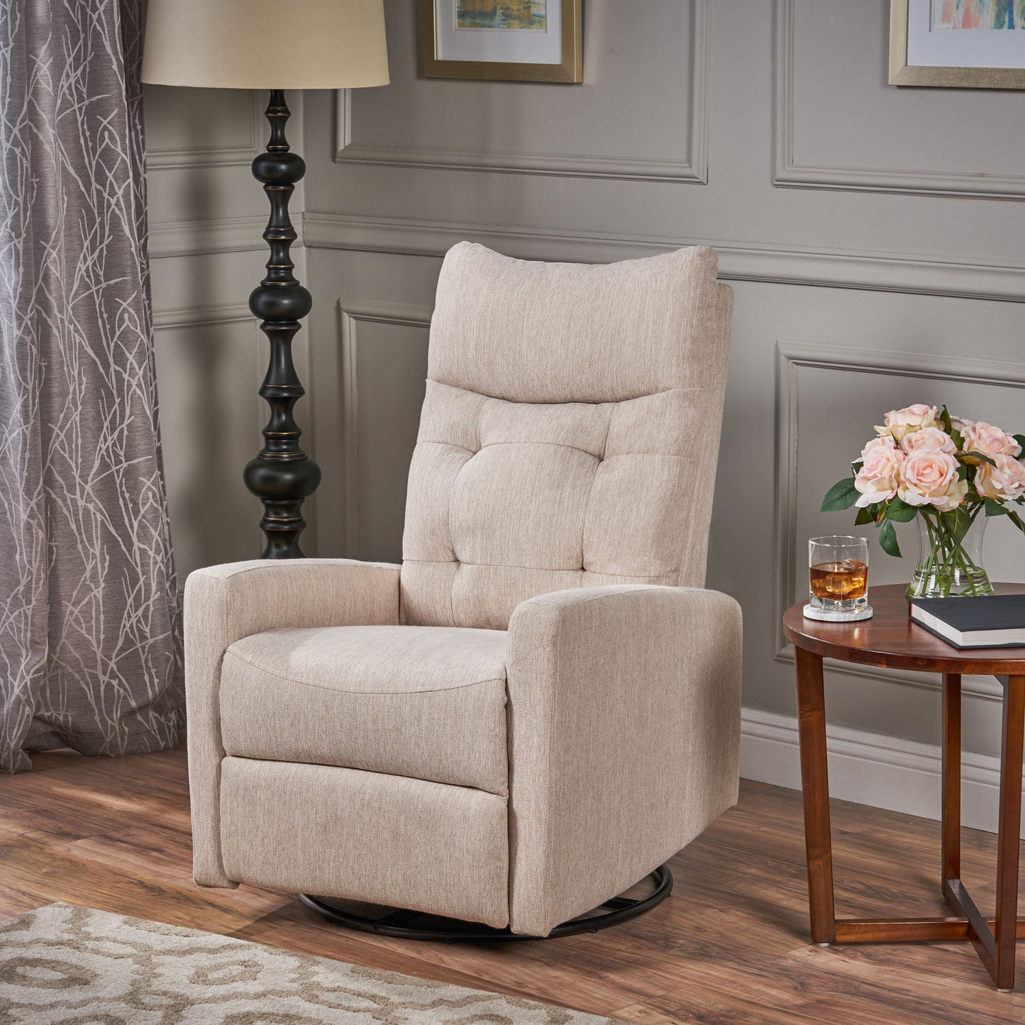 TREATLIFE HOME Glider Swivel Recliner Chair with Tufted Backrest and Push-Back Function, Contemporary Style, Beige