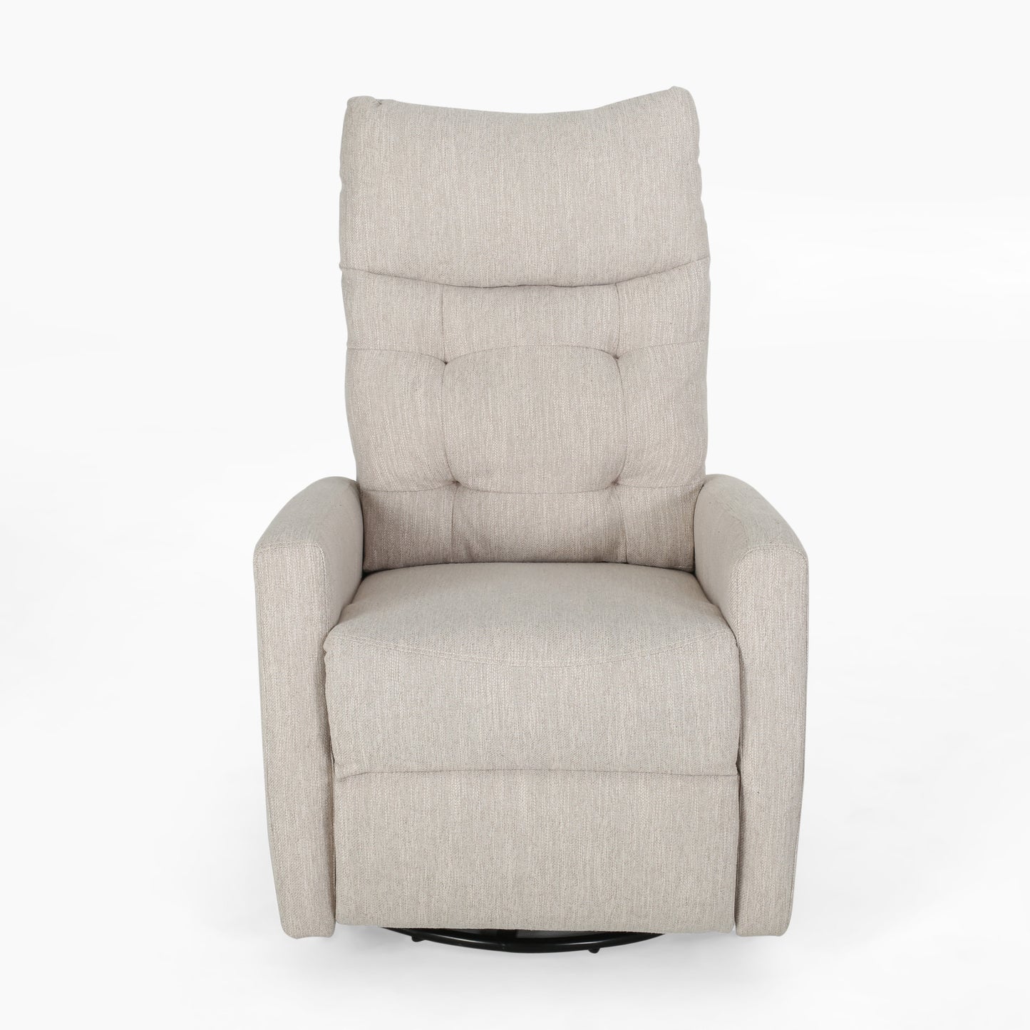 Light beige upholstered recliner chair with tufted back and padded arms